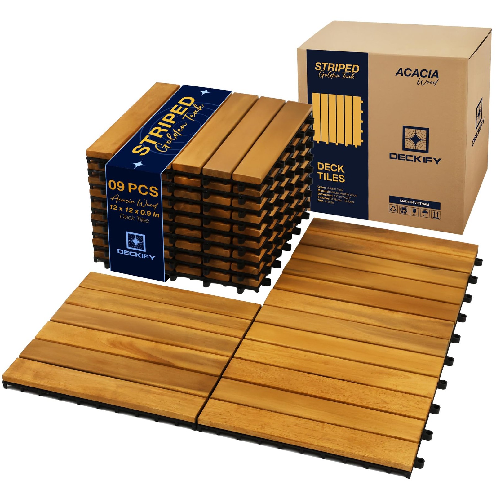 Acacia Wood Interlocking Patio Deck Tiles, 12 x 12 x 0.9 Inch Outdoor Floorin…