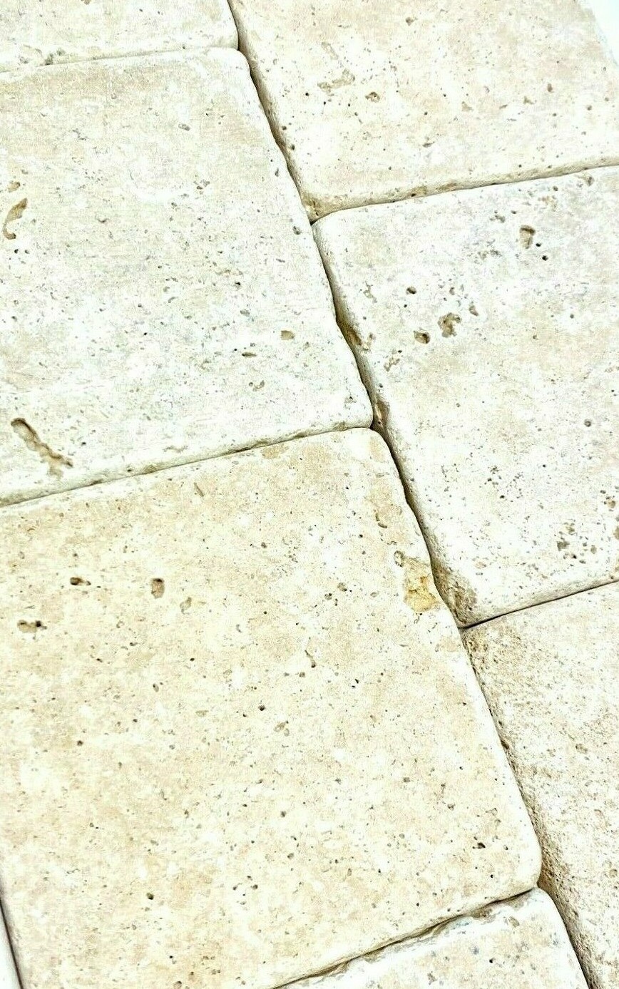 Medium Ivory 4×4 Tumbled Aged Travertine Tile Backsplash Floor (Sold by piece)