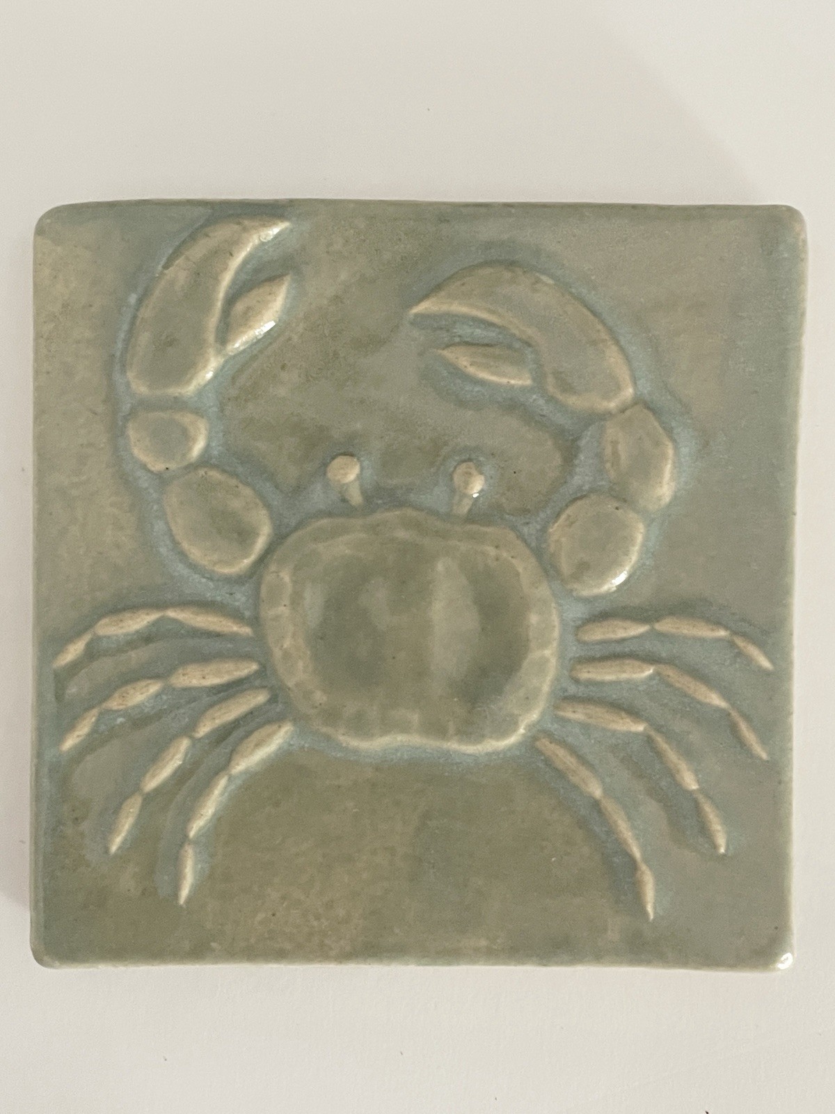 HANDMADE 4” X 4” EMU CELADON GLAZED CRAB CERAMIC TILE ~ KENT, OHIO