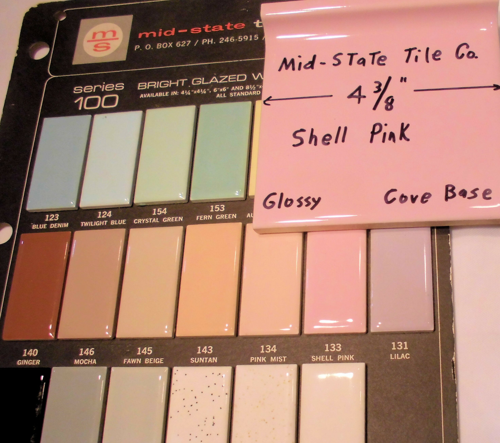1 pc. Cove-Base Ceramic Tile *Shell Pink* 4-3/8″ Mid-State Co. Glossy; stack on