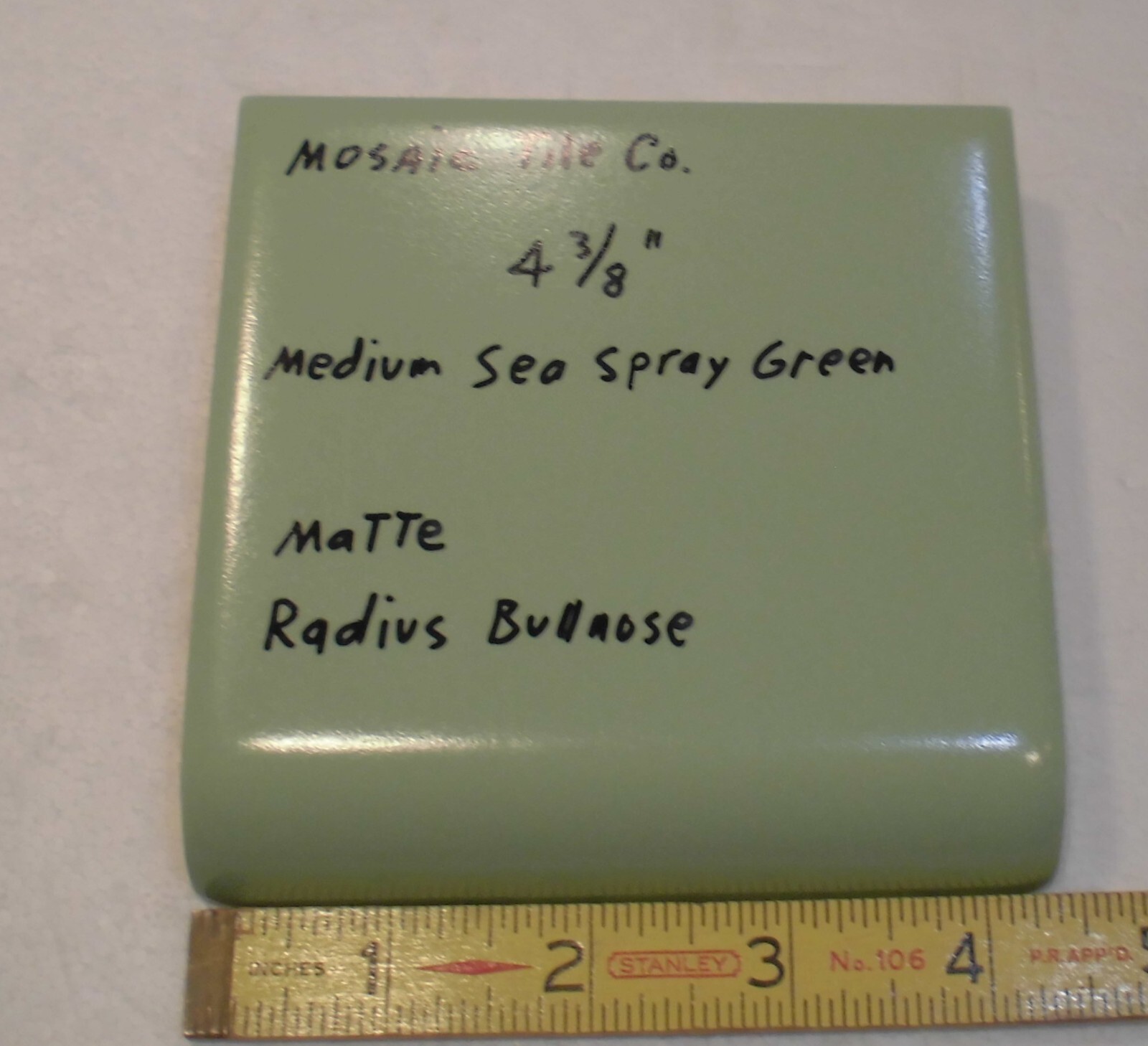 1 pc. Medium Sea Spray Green: Matte Radius Bullnose Ceramic Tile 4-3/8″ NOS