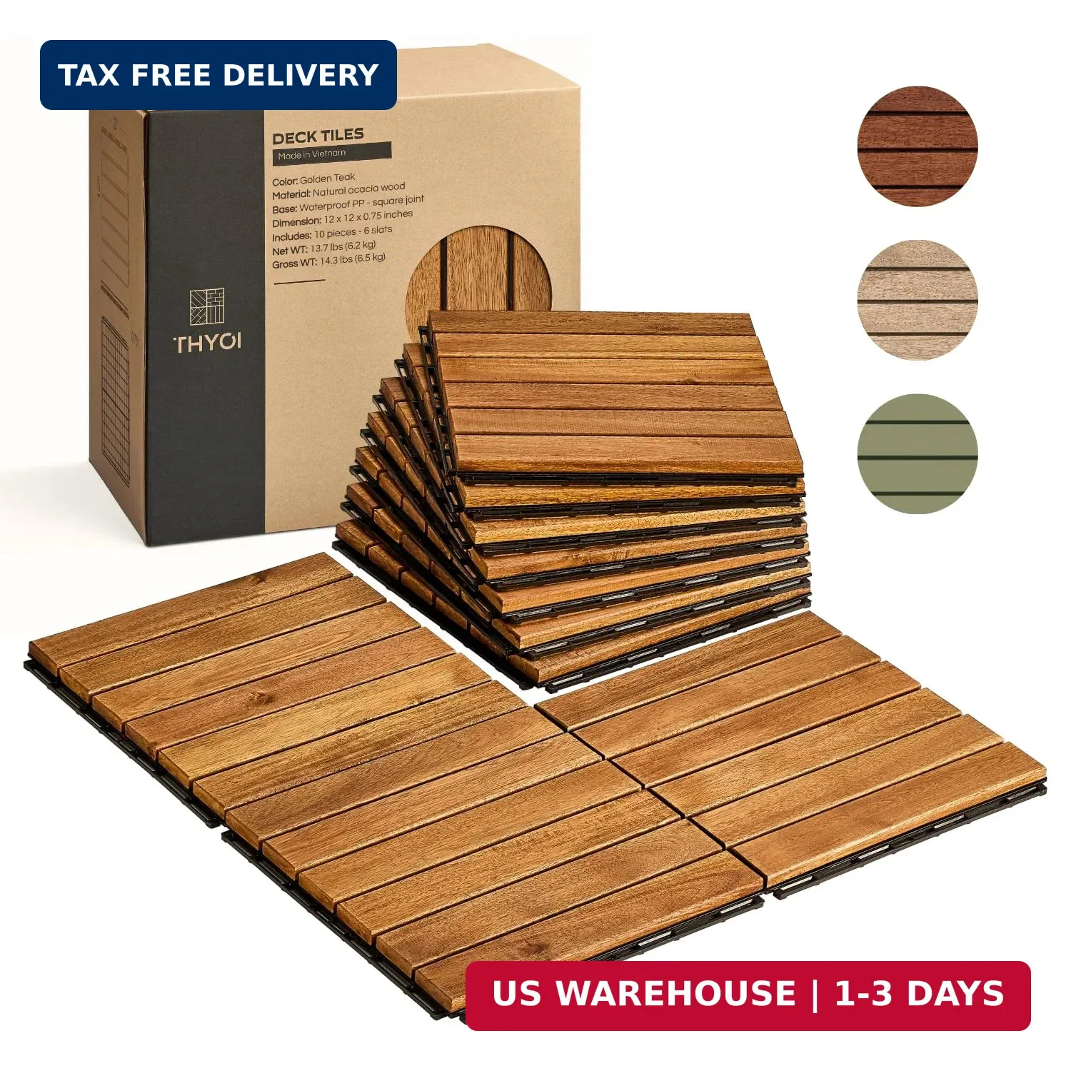 THYOI Premium Deck Tiles, Patio Flooring – Set 10 Pcs 12″x12″x0.9″ Interlocking