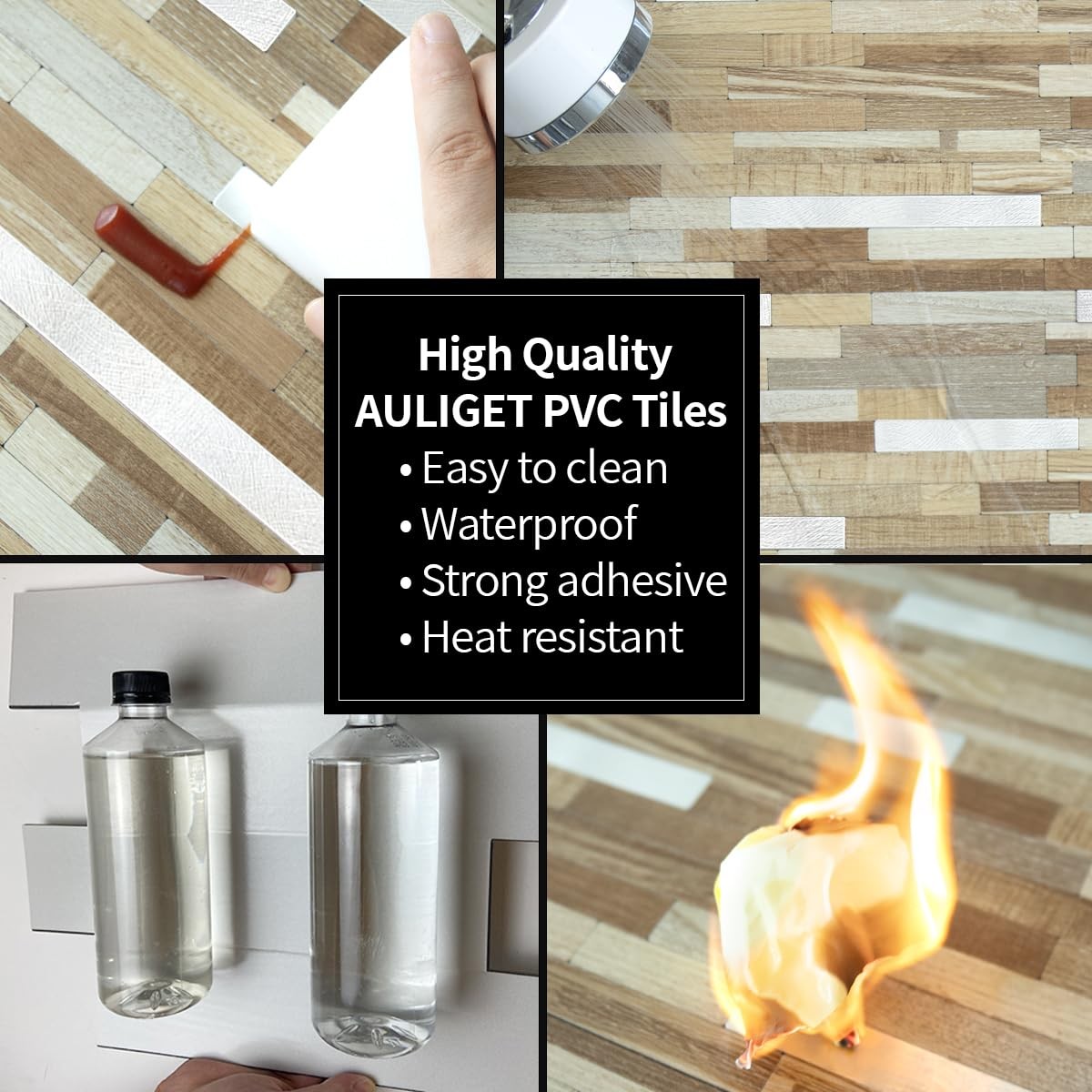 AULIGET 20 Sheets Beige & Brown Wood Peel and Stick Backsplash, PVC Mixed Met…
