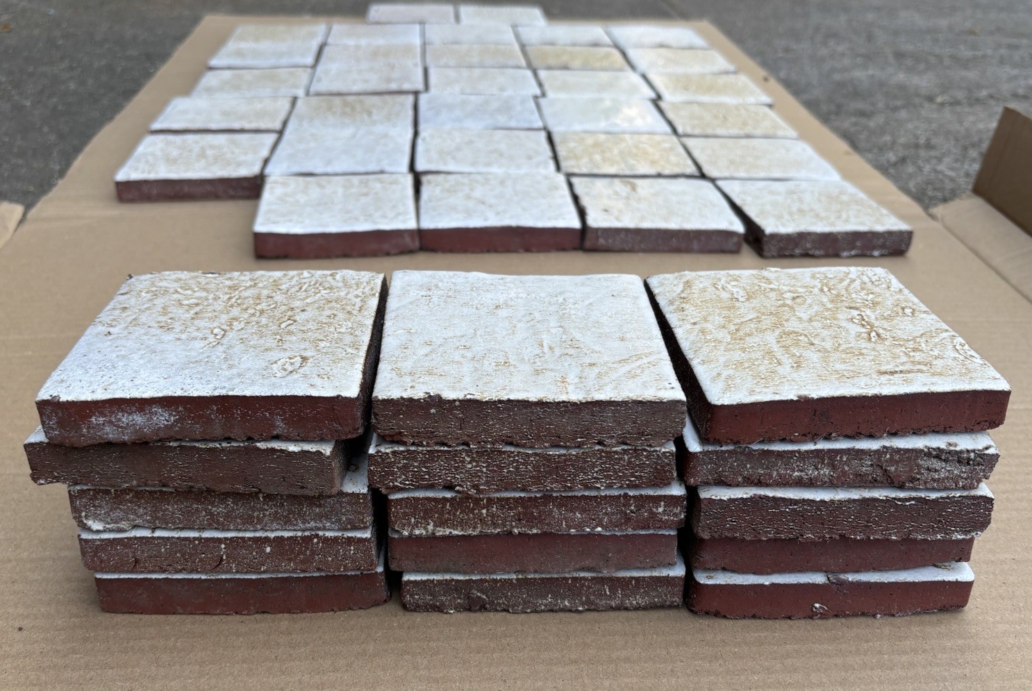 4 Vintage Hand Made Mottled Glazed Field Tile THICK 3 7/8″sq Set of 4 NOS #A