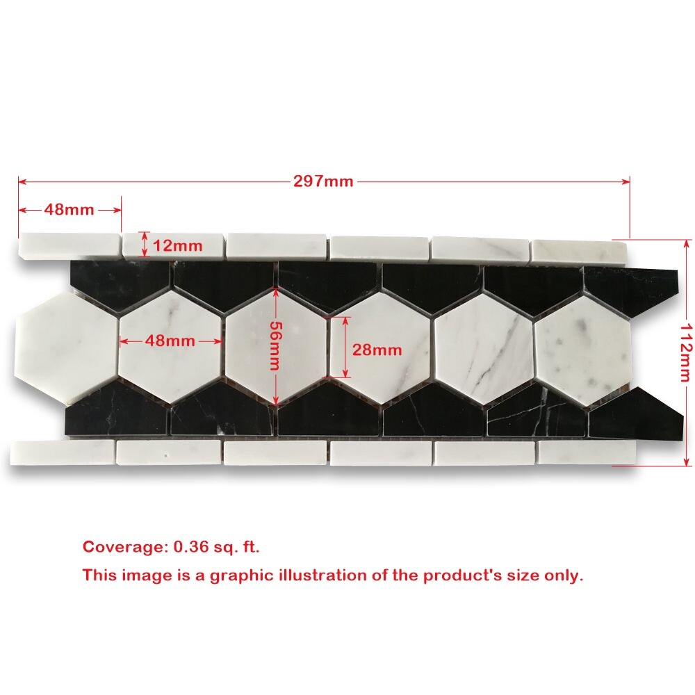 C32B2XP Carrara Marble 2″ Hexagon Mosaic Border Listello White Black Polished