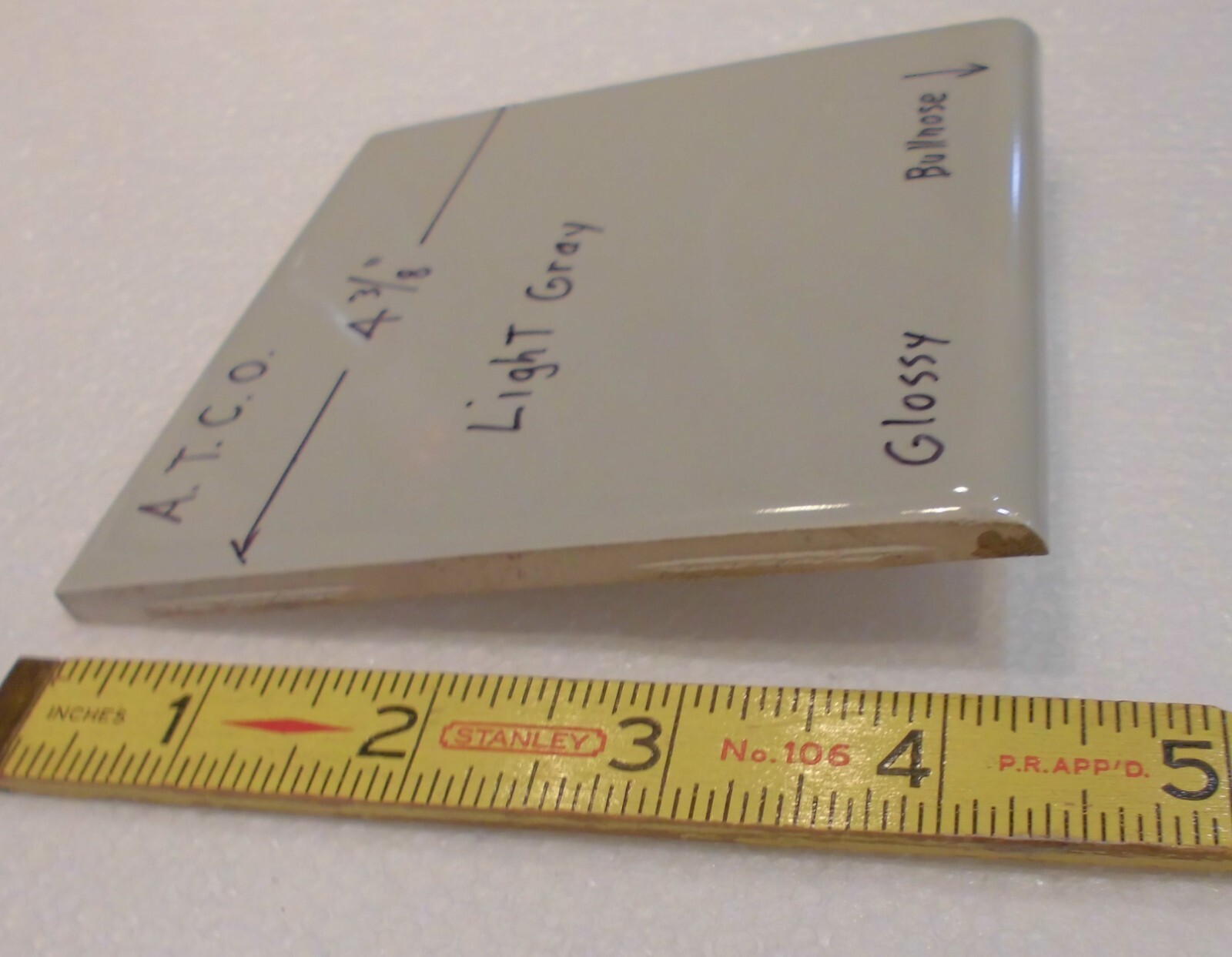 1 pc. Light Gray: 4-3/8″ Glossy Ceramic Bullnose Tile by A.T.C.O. , Pearl Gray