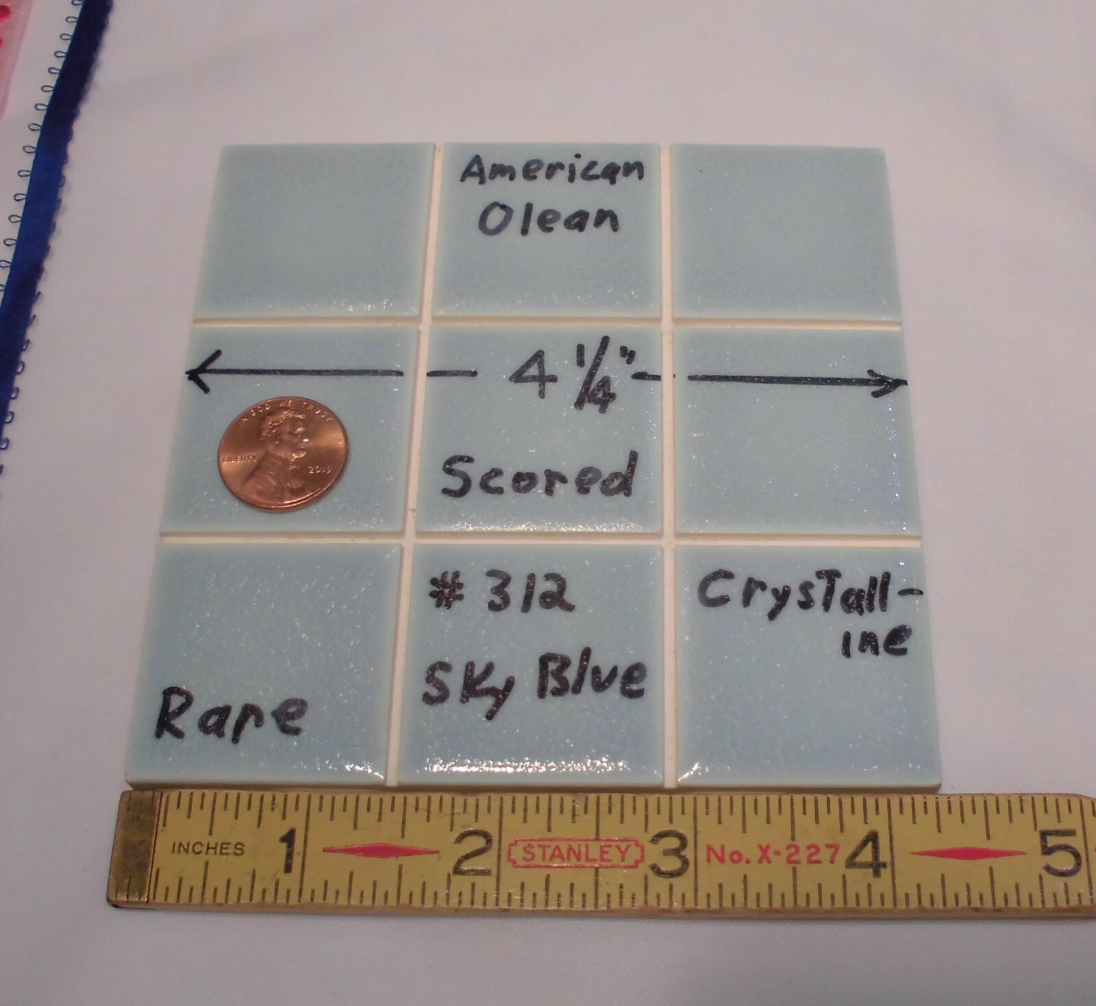 1 pc. 4-1/4″ Ceramic Tile *Sky Blue* Scored 9ths Crystalline; by American Olean