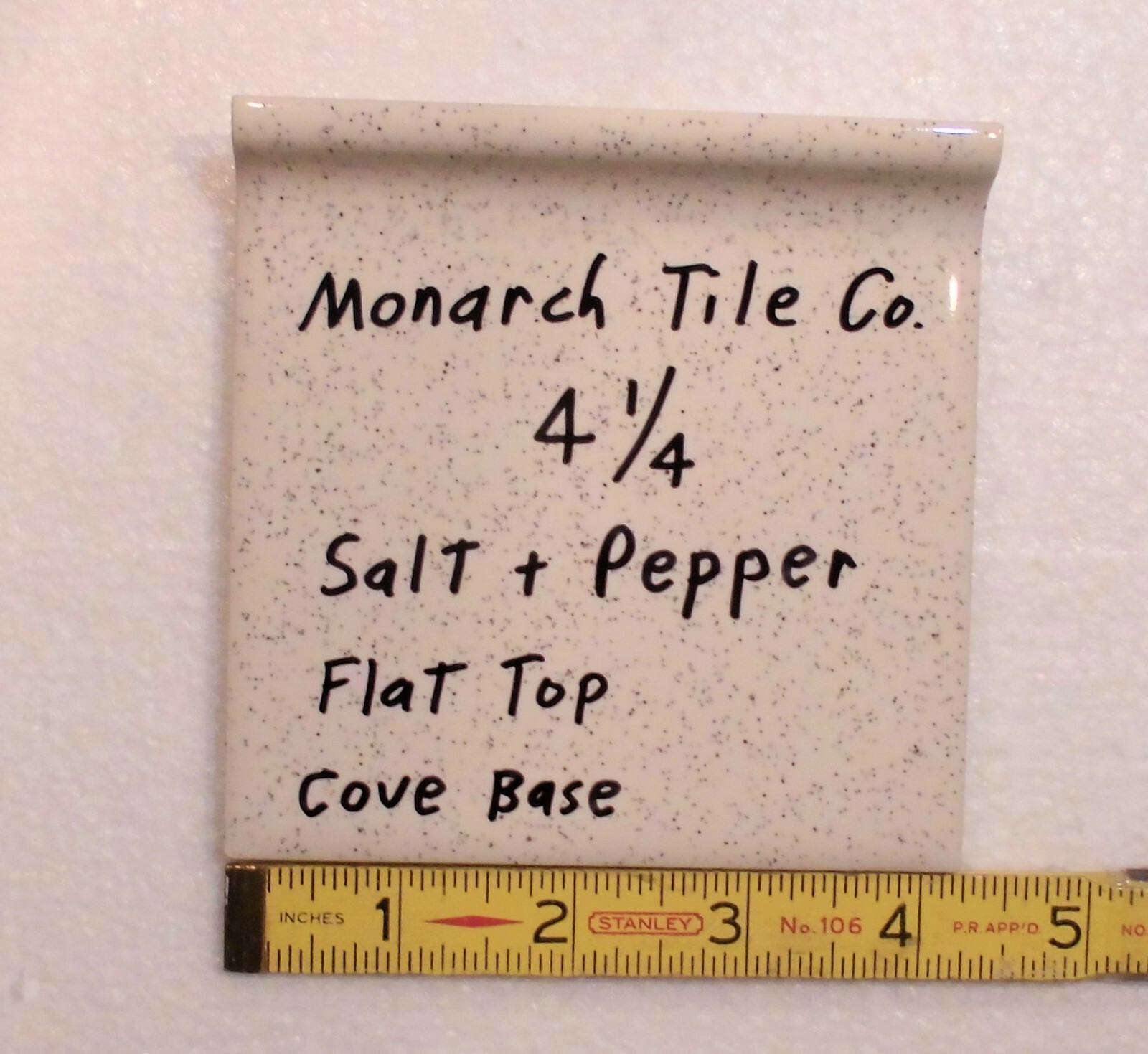 1 pc. Cove-Base Ceramic Tile *Salt & Pepper* 4-1/4″ Monarch Co. Flat top, Glossy