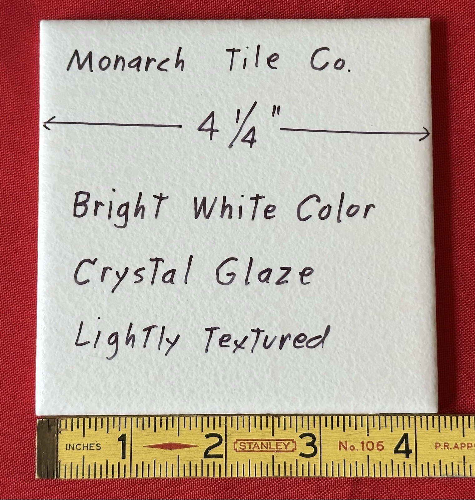 1 pc. Bright White 4-1/4″ Crystal Glazed Ceramic Tile by Monarch Tile Co. NEW