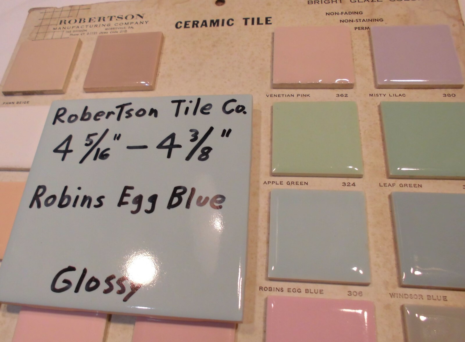 1 pc. Vintage Ceramic Tile *Robins Egg Blue* 4-5/16″- 4-3/8″ Robertson Co. NOS