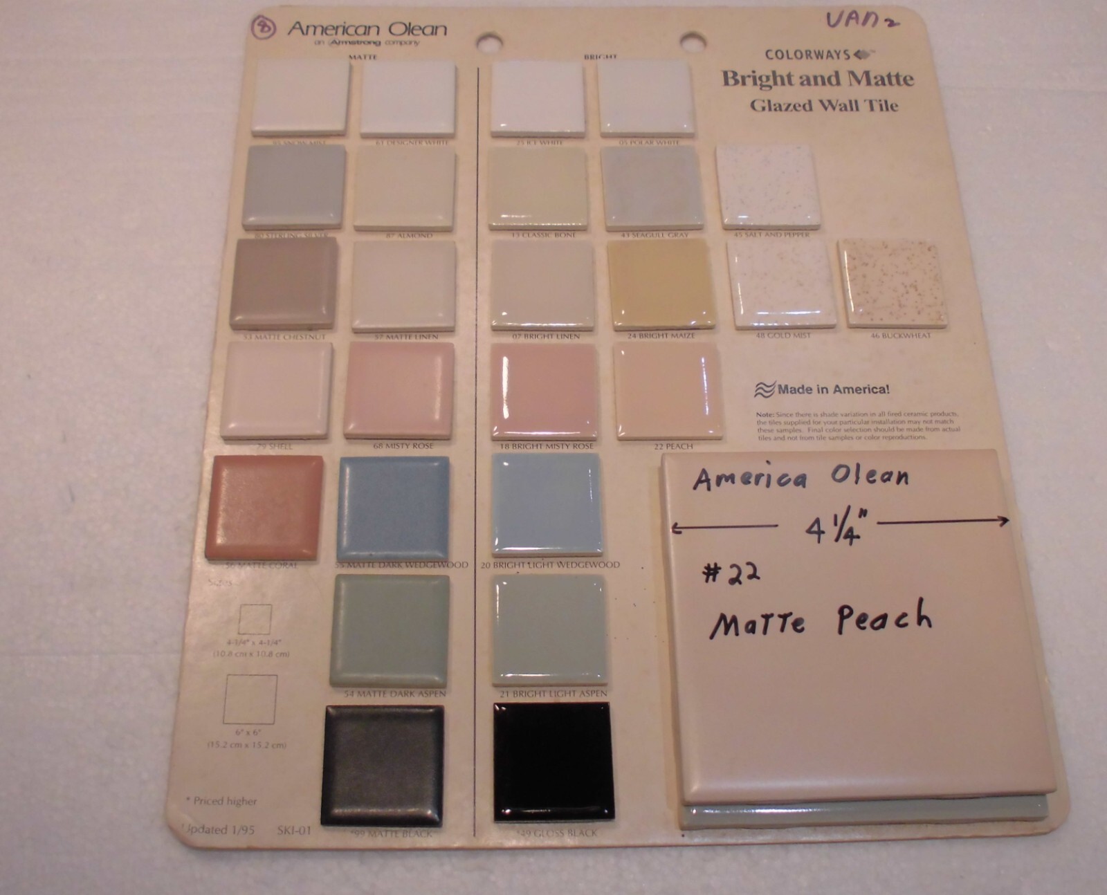 1 pc. Vintage *PEACH COLOR* Matte Ceramic Tile #22 by American Olean 4-1/4″ New