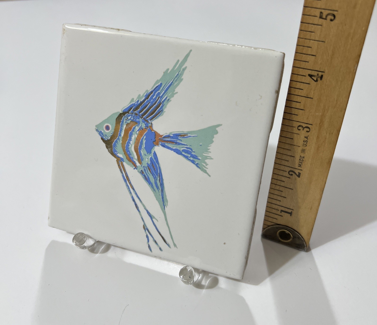 Fish Tile Decorative Angel Fish Blue & Gold With Acrylic Stand 4.25X4.25”