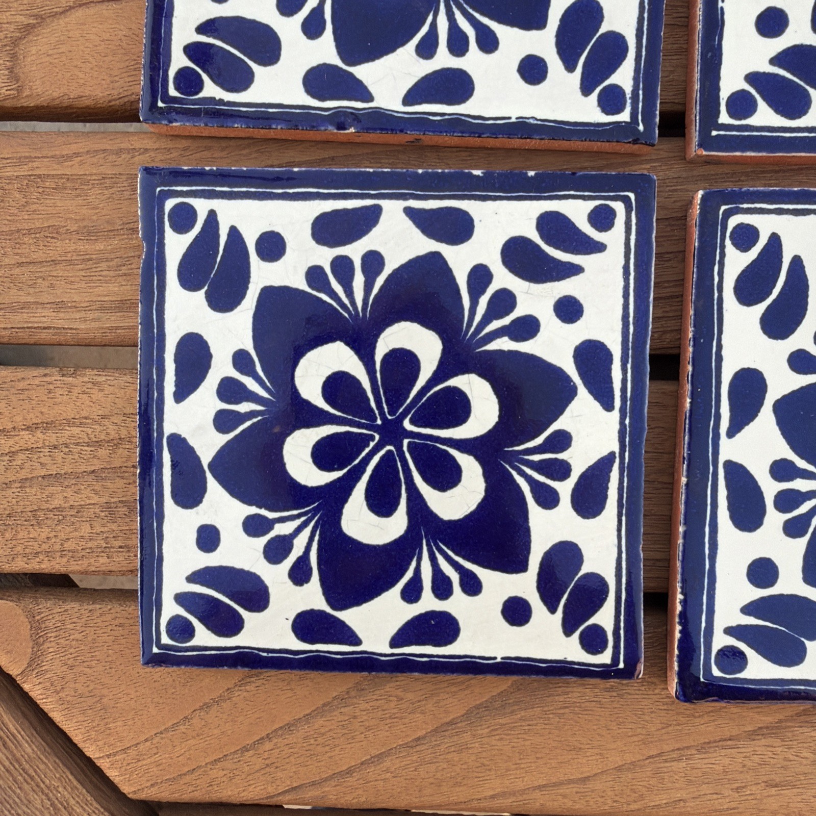 MEXICAN TALAVERA TILES 4×4 TERRACOTTA & BLUE FOLK ART