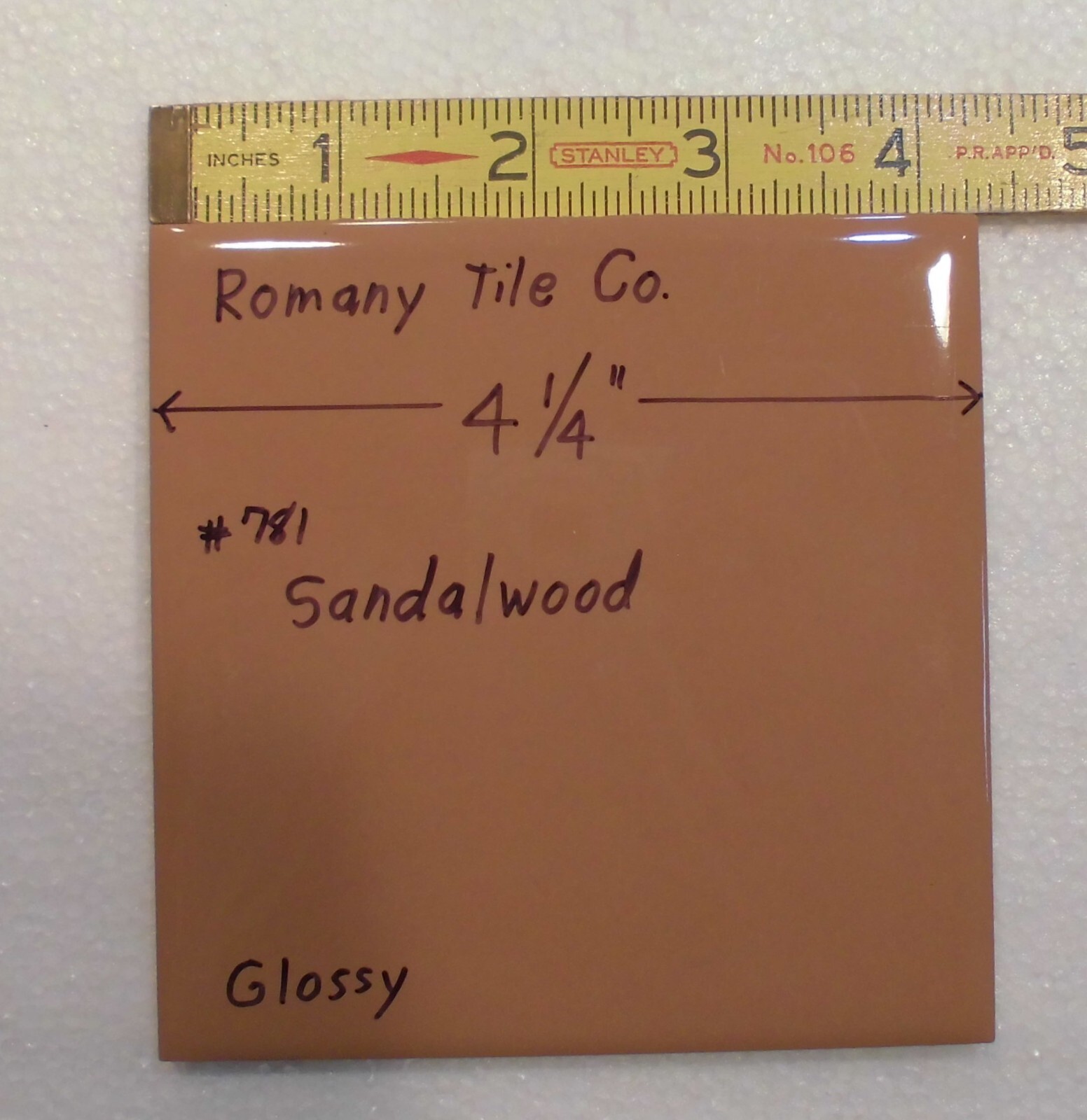 1 pc. Sandalwood – Medium Brown: 4-1/4″ Ceramic Tile by Romany Co. NOS