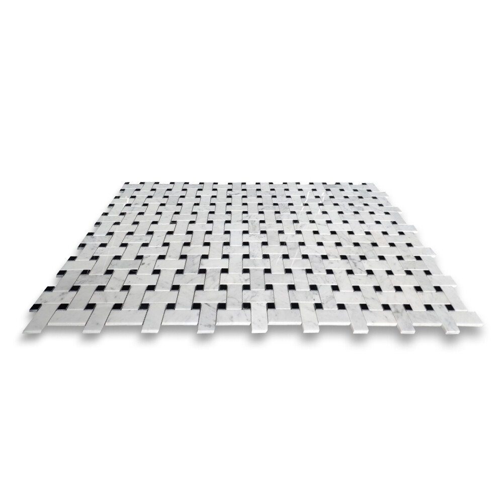 C65L1XH Carrara White Marble Wide Basketweave Mosaic Tile Black dots Honed