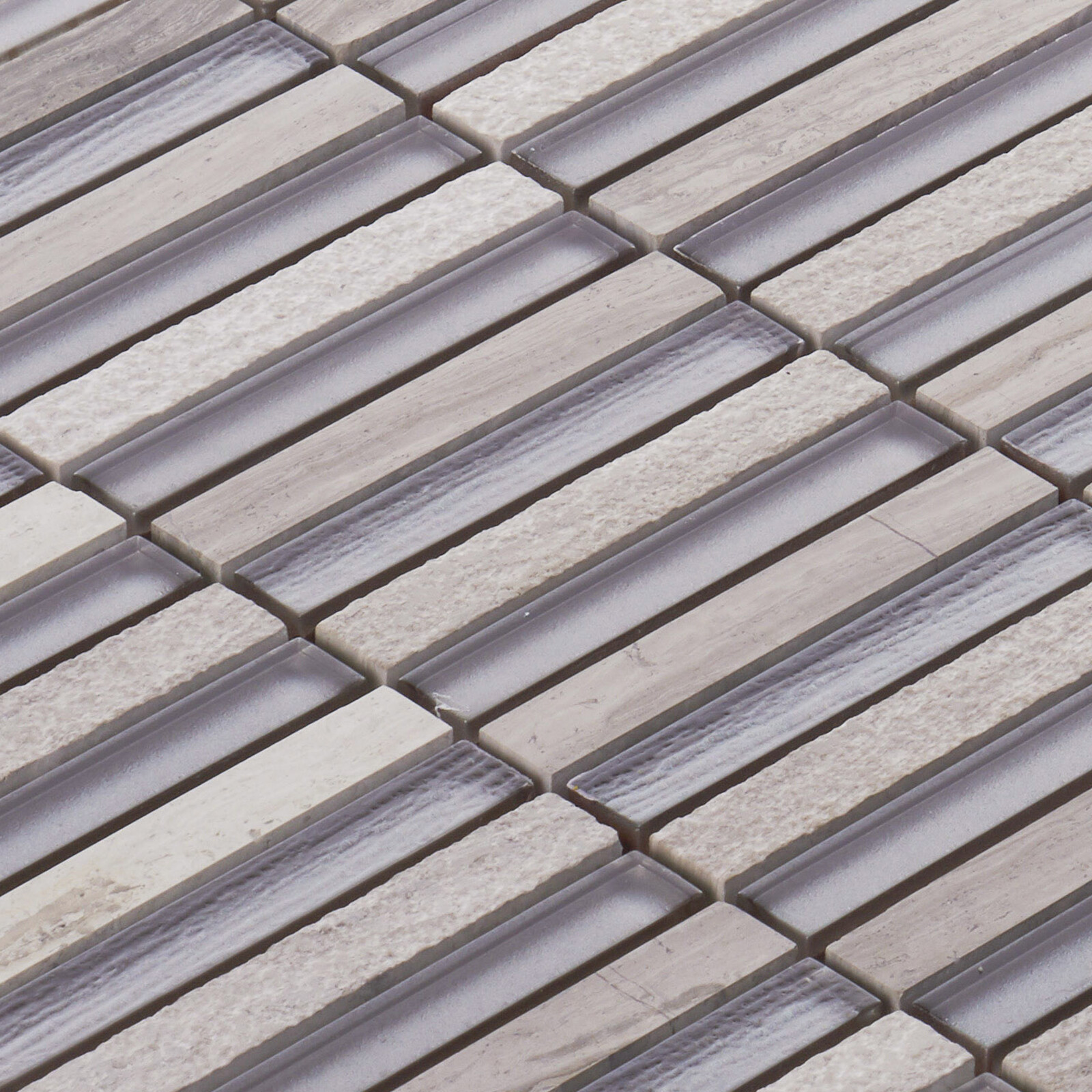 White Oak Stone Marble Gray Glass Earth Tone Stacked Mosaic Tile Wall Backsplash