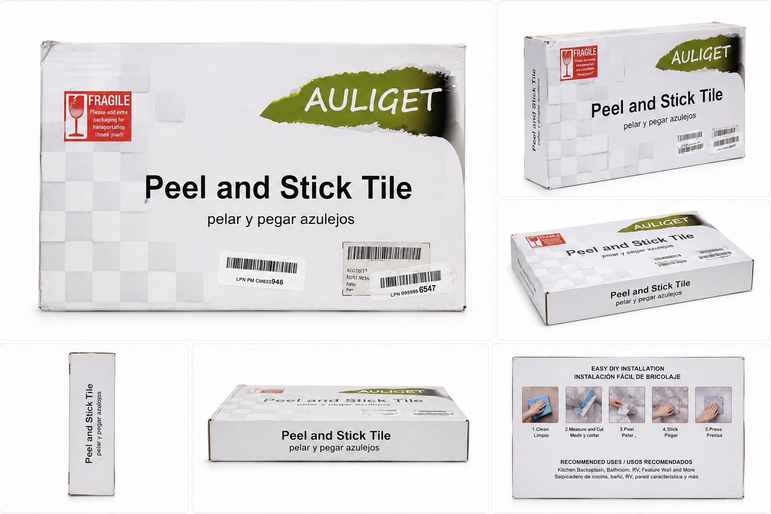 AULIGET Peel & Stick Tile Plastic White 10x10cm Matte Square Subway 10pk