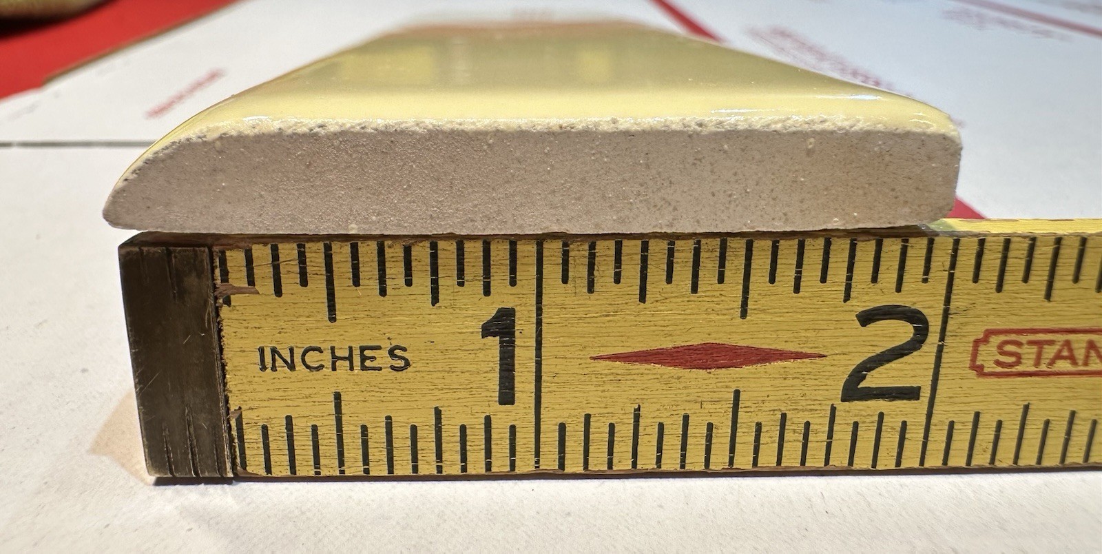 1 pc. Texas Yellow: Glossy Ceramic Bullnose Flat Trim Tile by Daltile in 1970’s