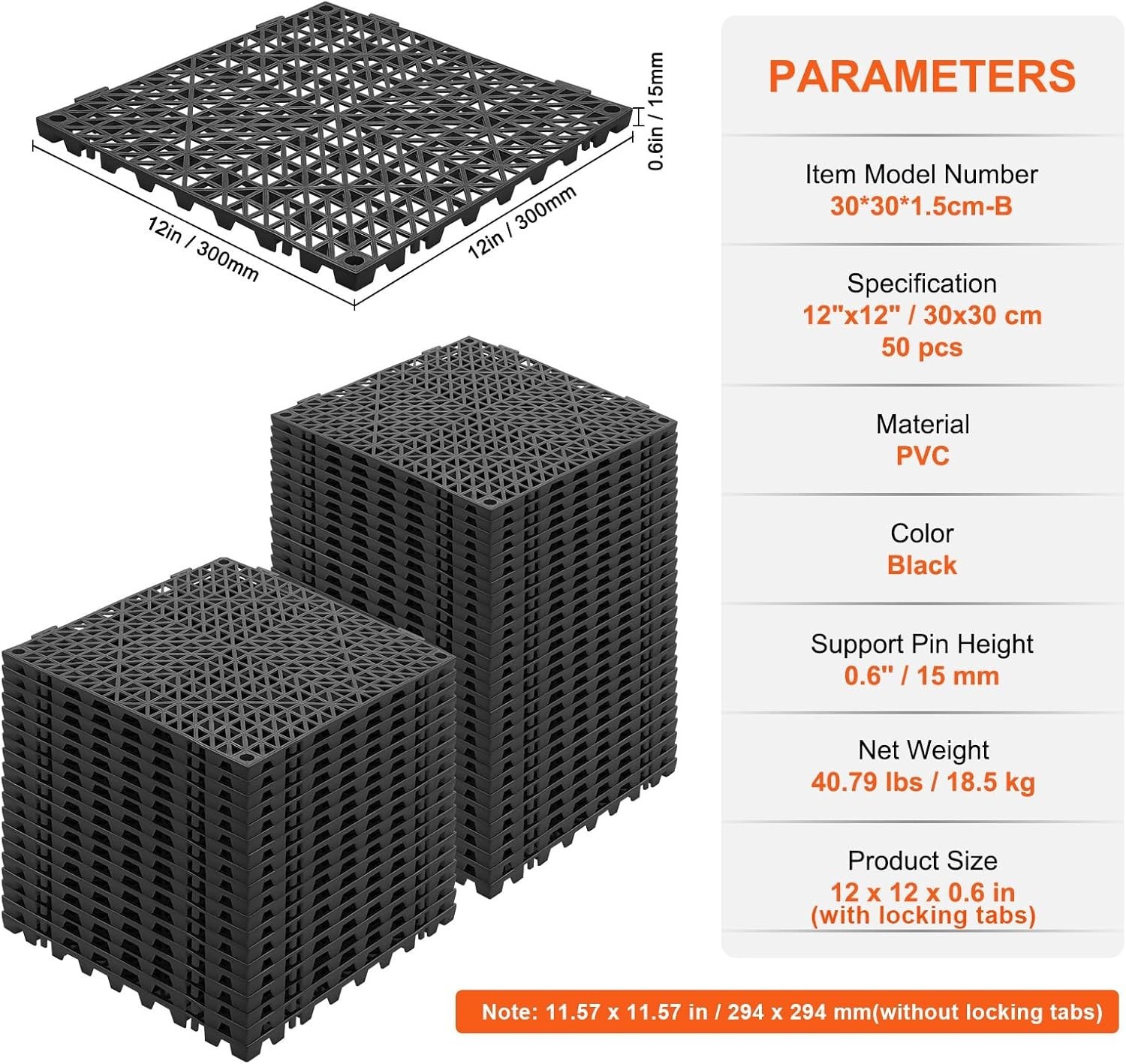 Interlocking Tile 50PCS Black, Drainage Tiles 12″ x 12″ Splicing, Soft PVC In…