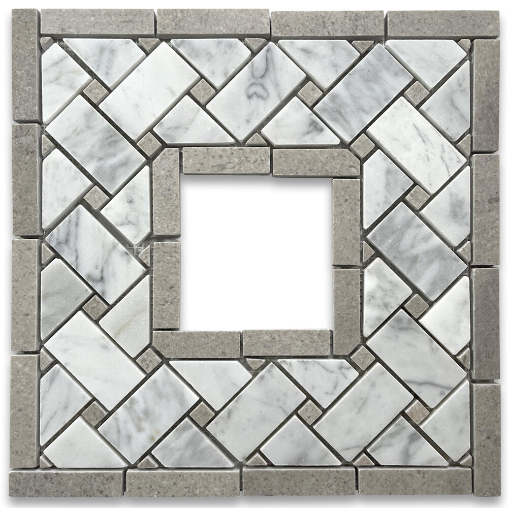 C653CXP Carrara White Marble 4×4 Basketweave Mosaic Corner Gray Dots Polished