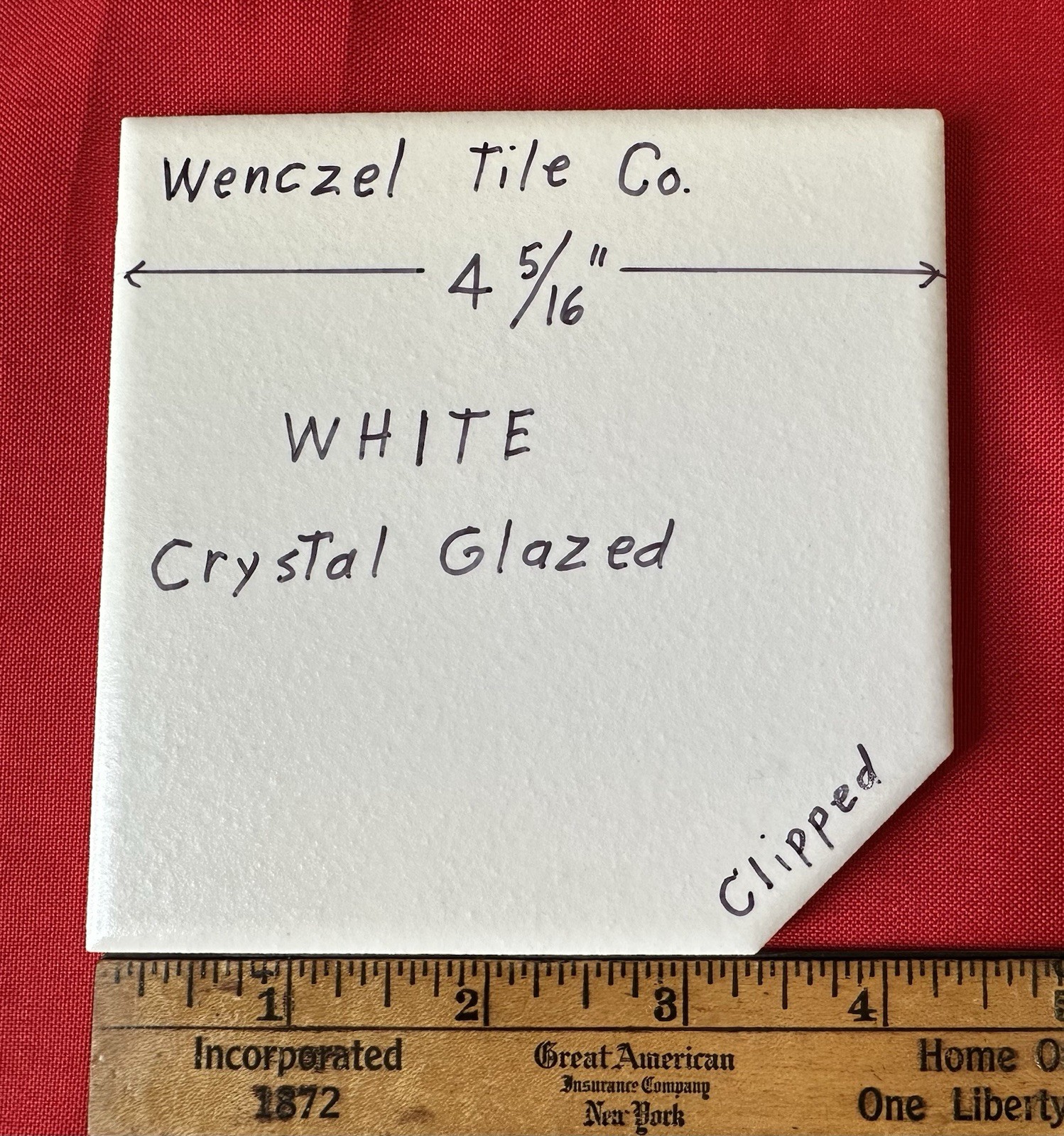1 pc. White Crystal Glazed: Ceramic Tile by Wenczel Co. 4-5/16, Clipped Corner