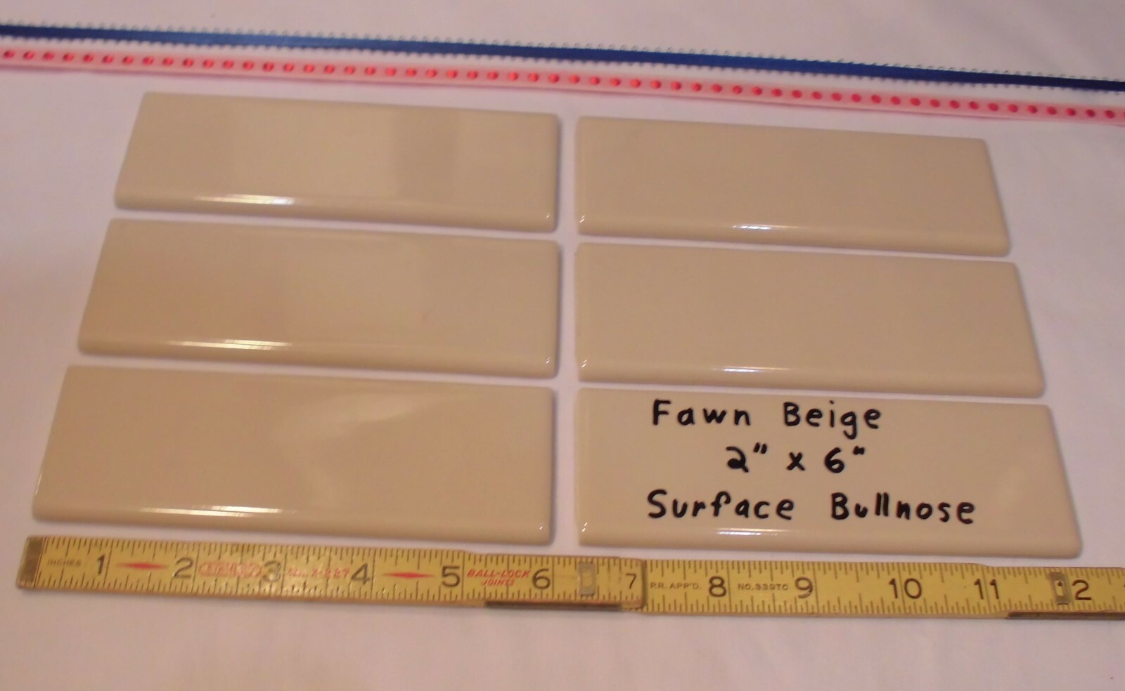 6 pcs. Glossy *Fawn Beige* Ceramic Surface Bullnose Trim Flat Tiles; Light Brown