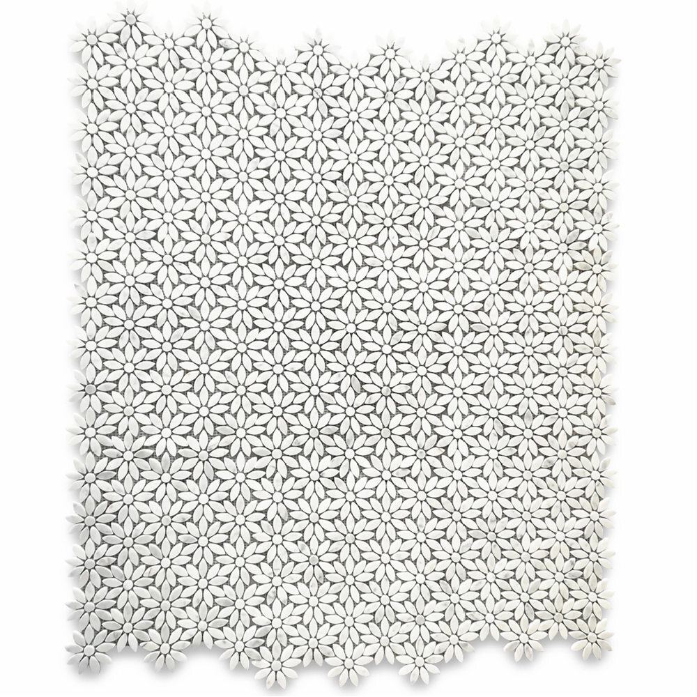 C9D0XH Carrara Venato Carrera Marble Daisy Flower Pattern Mosaic Tile Honed