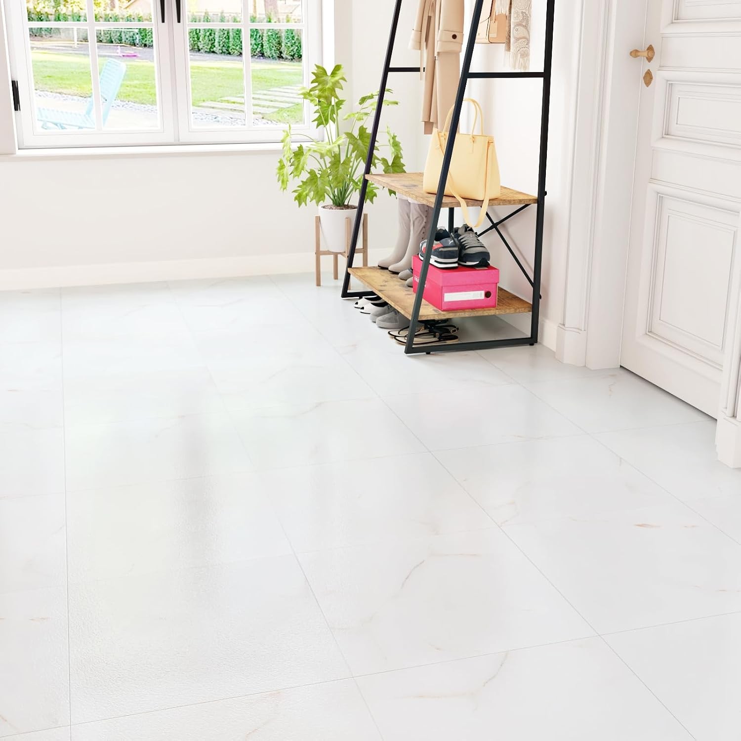 White/Red Peel and Stick Floor Tile Waterproof White Marble Floor Tiles for
