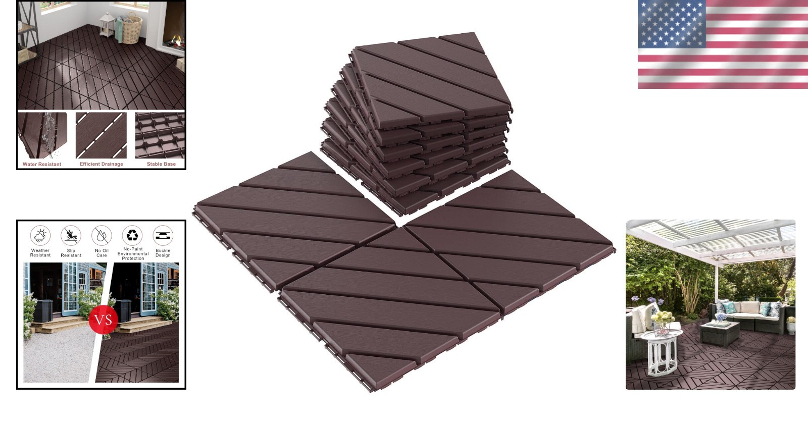 Heavy-Duty Waterproof Outdoor Deck Tiles – 12″x12″ Interlocking Patio Pavers