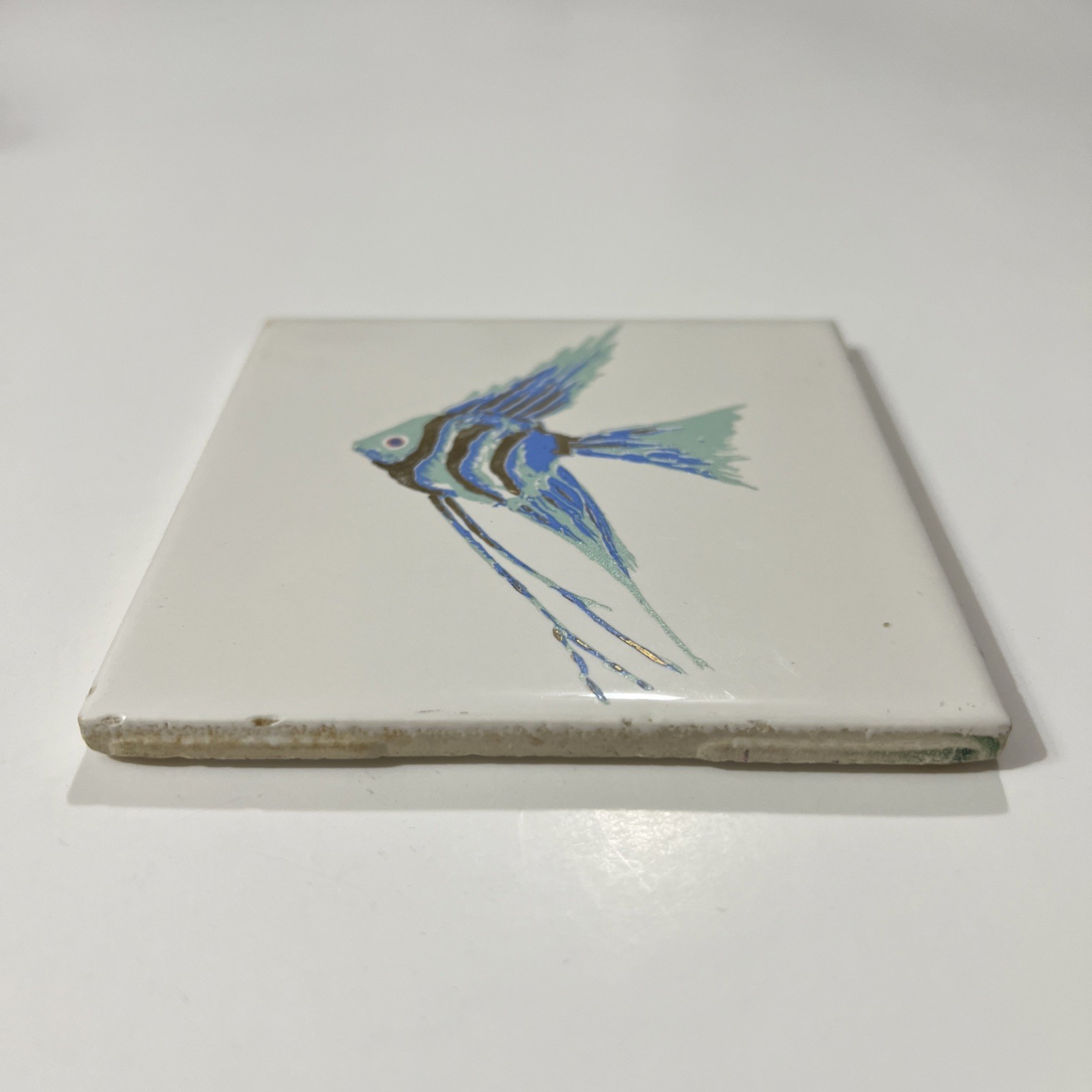 Fish Tile Decorative Angel Fish Blue & Gold With Acrylic Stand 4.25X4.25”