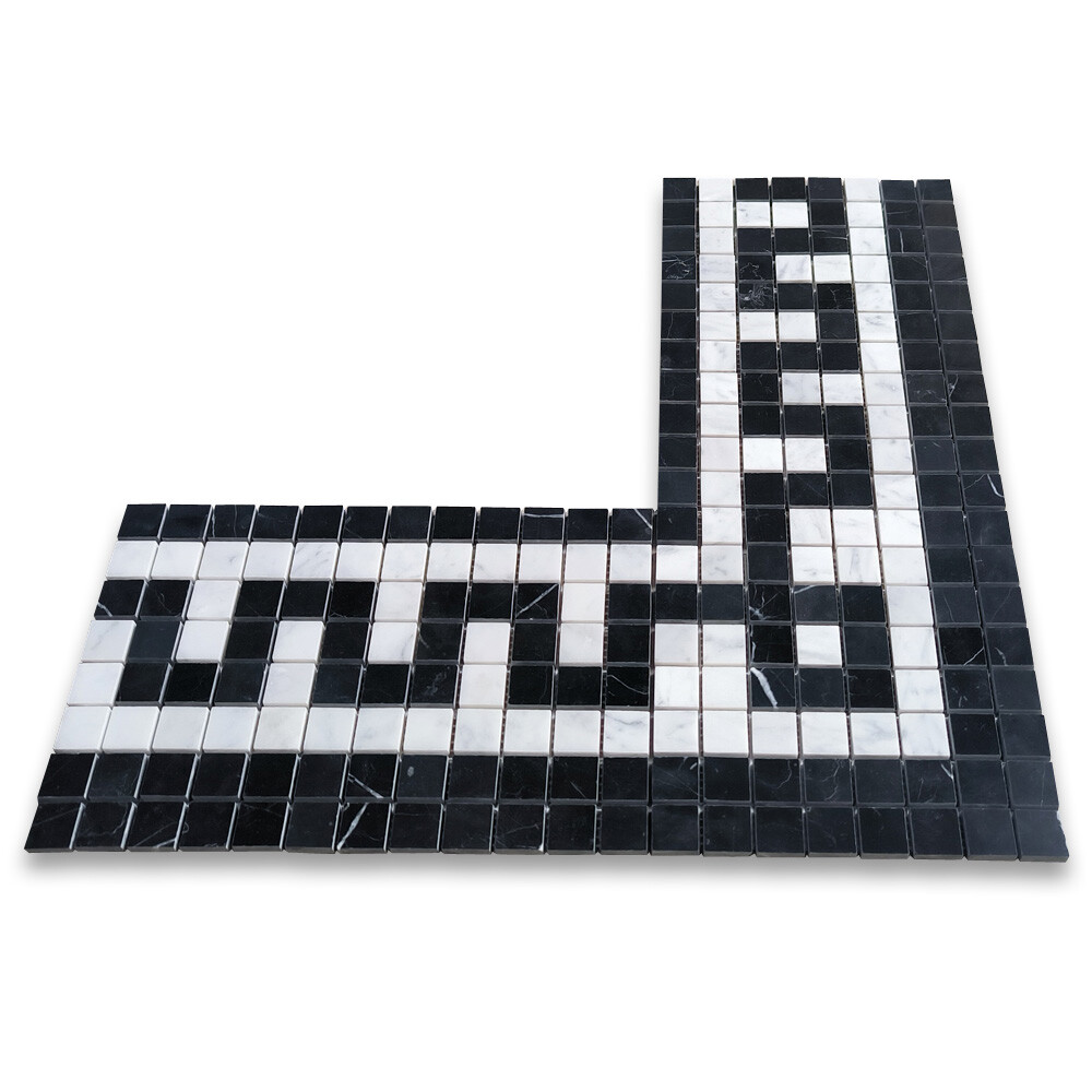 C24C2XP Carrara White Marble Greek Key Mosaic Corner Tile Nero Black Polished