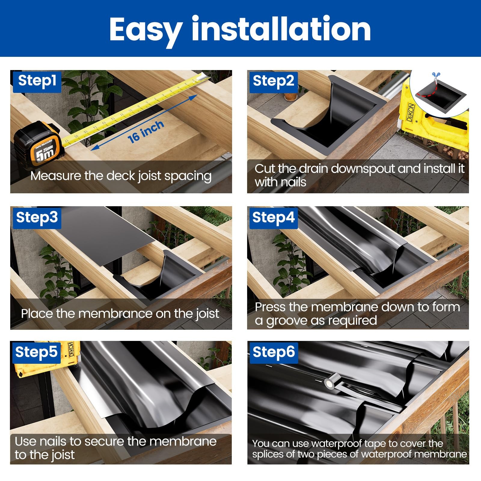 1PCS 50FT Black Under Deck Drainage System Trough HDPE Waterproof Membrane Fit