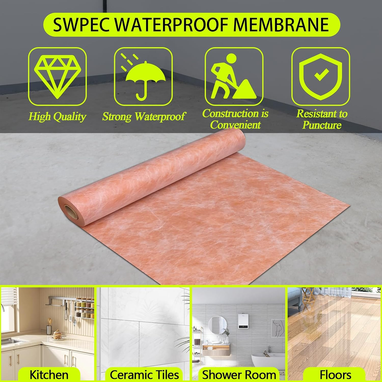 Waterproof Membrane 23.6Mils/0.6Mm Thickness 3.3X98.4’/ 323 Sq Ft Tile Underlaym