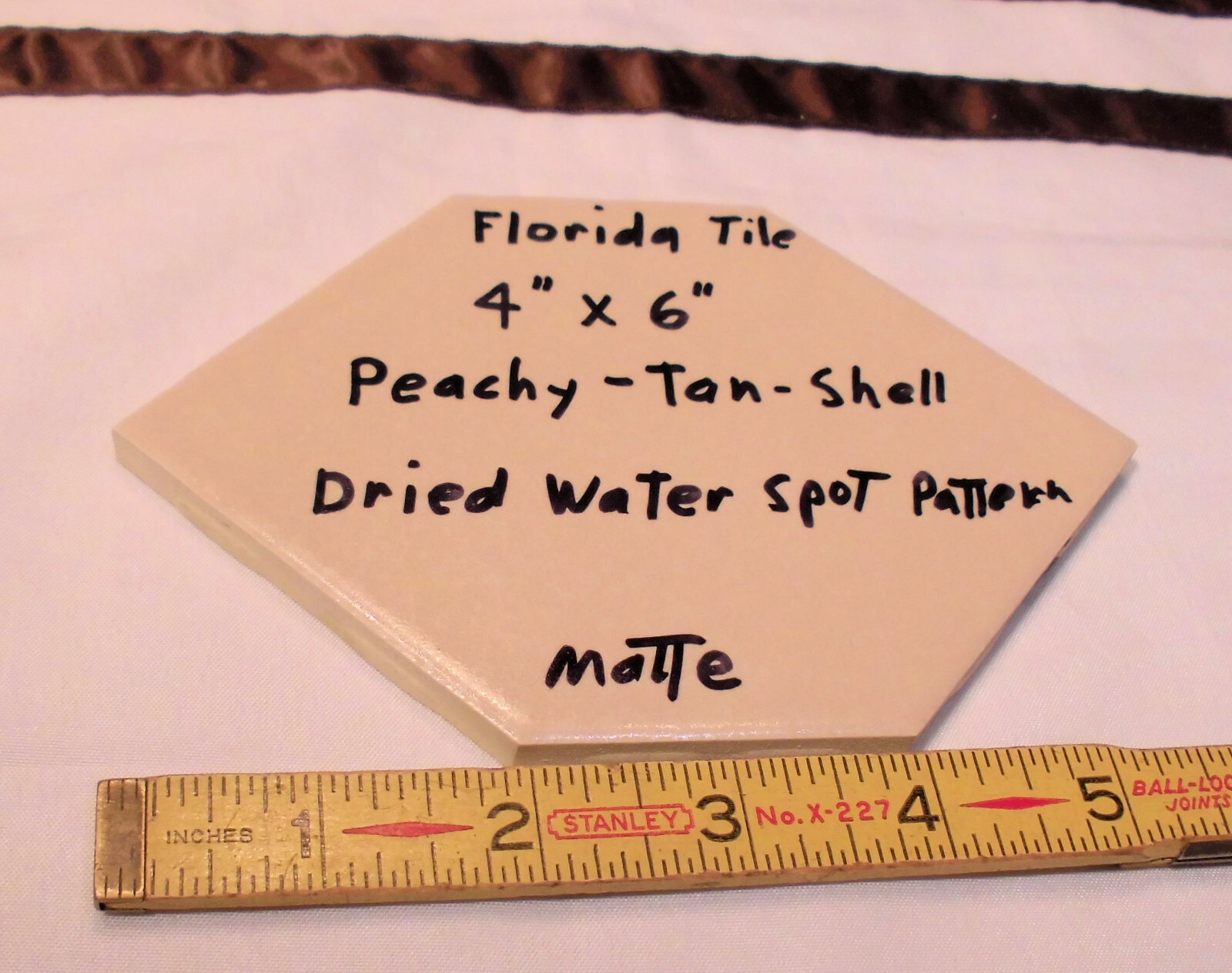 1 pc. Hexagon 4″ X 6″ Peach-Tan-Shell Ceramic Tile; Crystal Glazed; Florida Co.