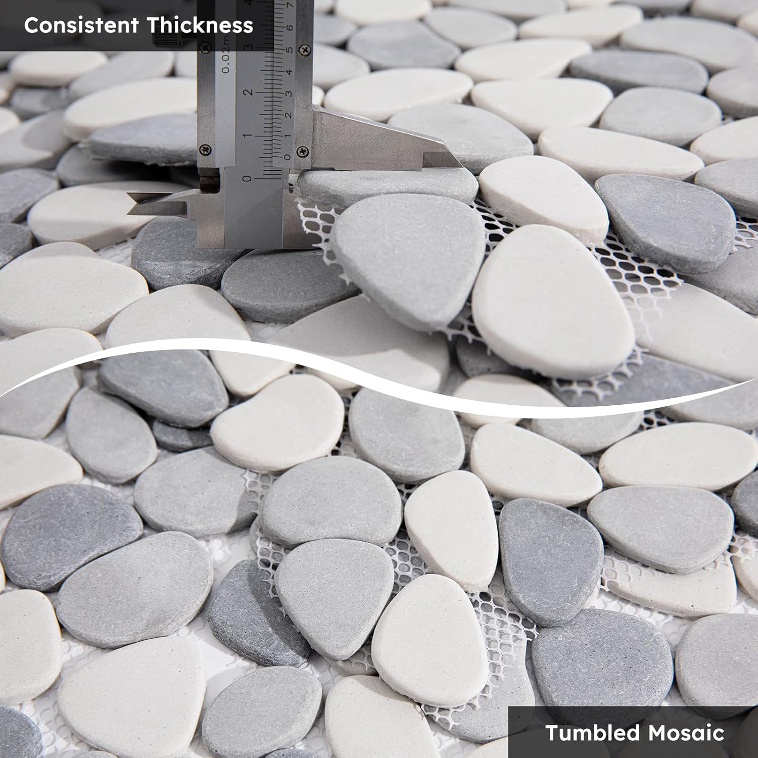 Pebble Tile for Shower Floor, Gray and White Oval, 5 Sheets, Pebble Backsplash f
