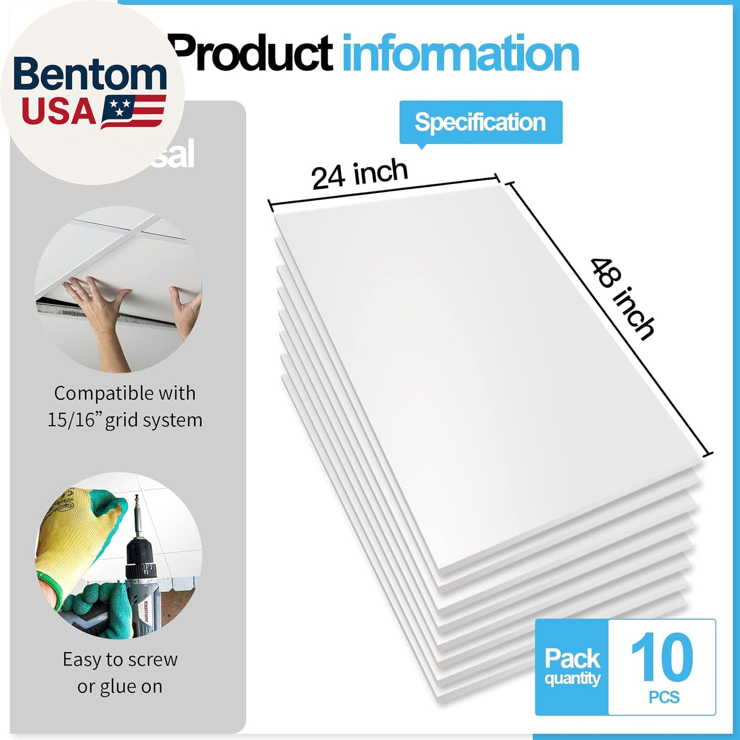 10-Pack Smooth Drop Ceiling Tile 2Ft X 4Ft – Fire-Rated, Waterproof, Reusable –