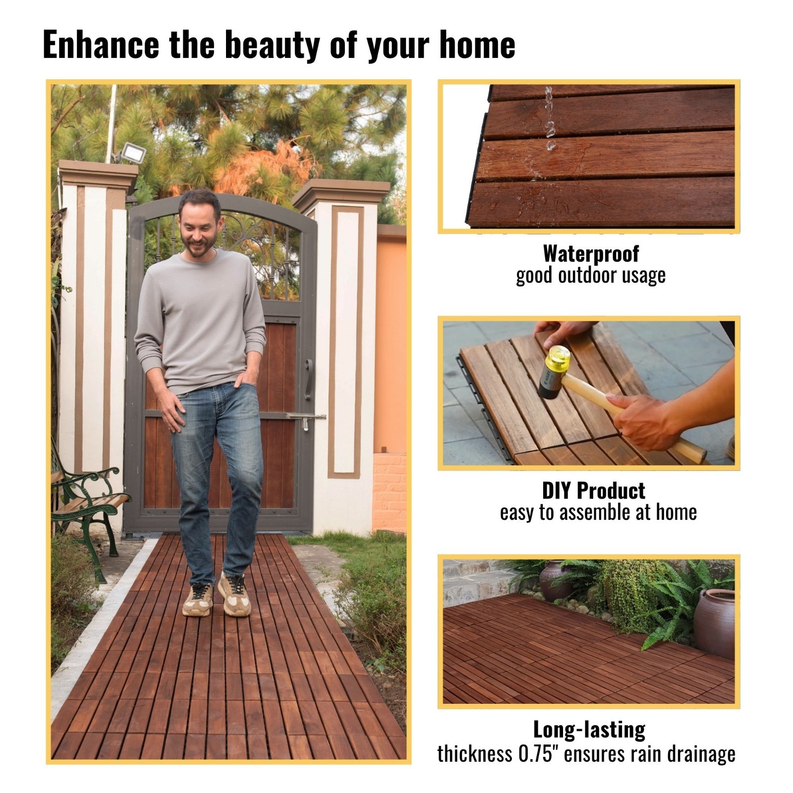 30Pack Interlocking Deck Tiles 12″ x 12″ Square Acacia Hardwood Outdoor Flooring