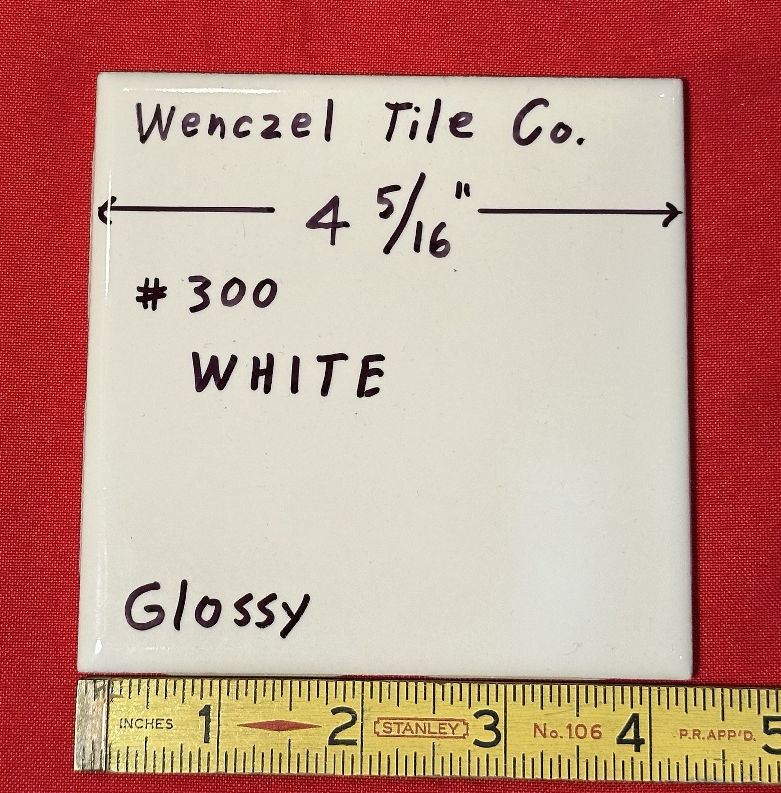 1 pc. Gloss White #300: 4-5/16″ Ceramic Tile by Wenczel Co. made 1960’s -1980’s
