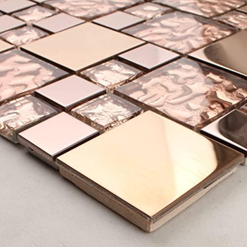 Rose Gold Metallic Mosaic Textured Glass Tile Shiny Metal Luxury Backsplash for