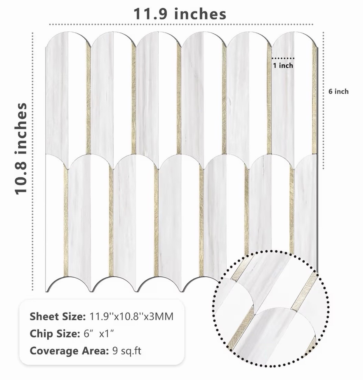 Vamos Peel-and-Stick Marble-Look Wall Tile 10pk Interlocking 11.9×10.8