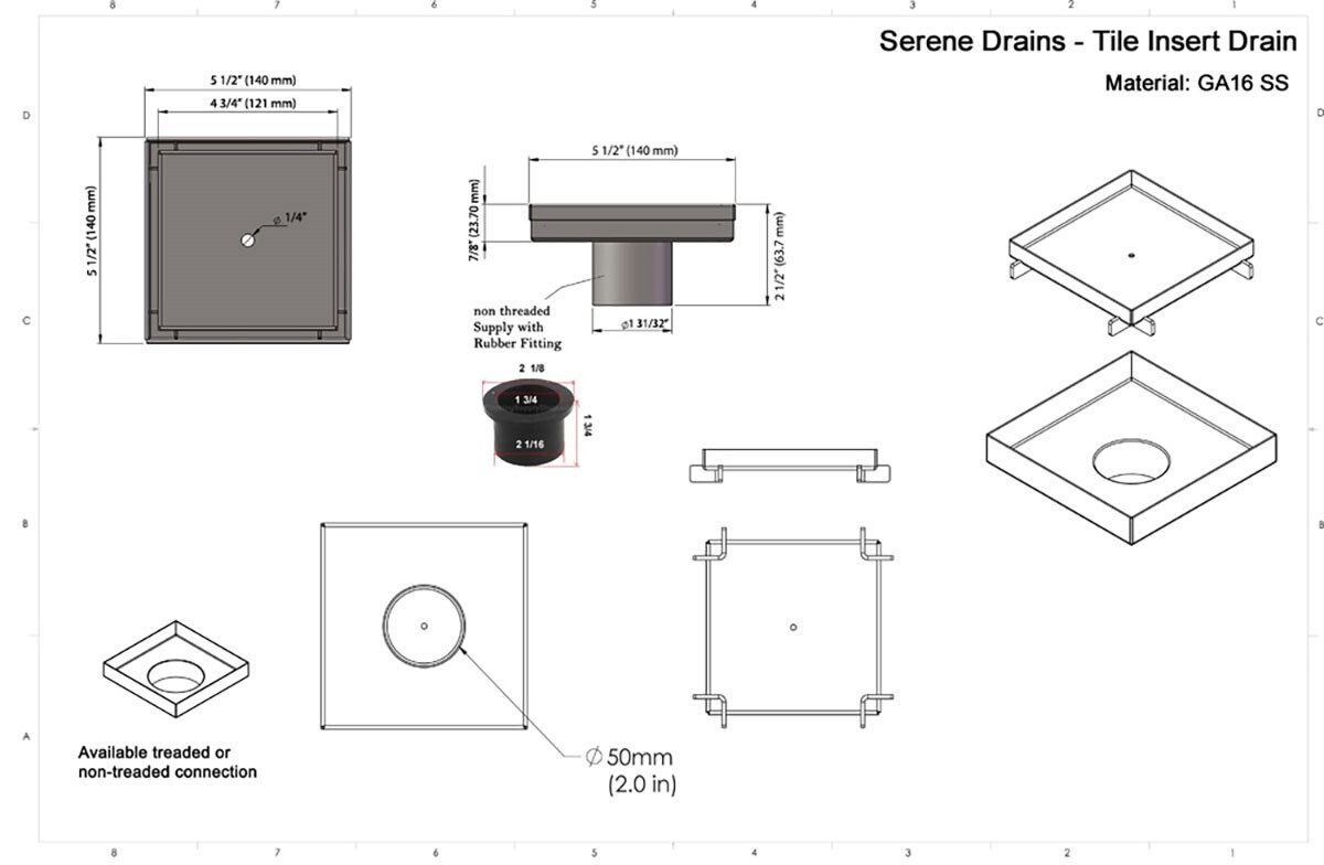Tile Insert Square Shower Drain 5″ 316 Stainless Steel for 2″/3″ Pipe