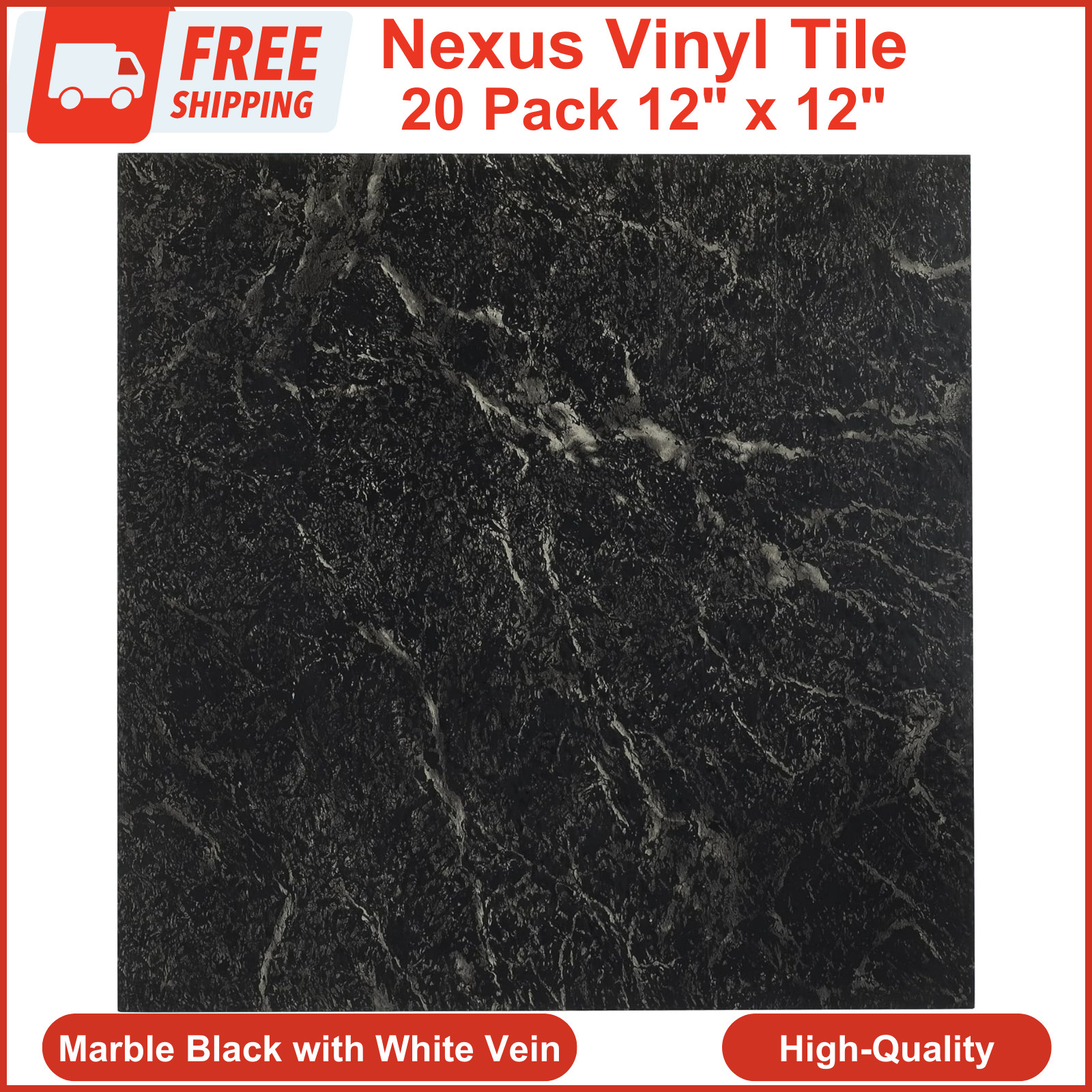 20 Pack Black White Vein Marble Vinyl Nexus Vinyl Tile Peel & Stick 12 x 12 inch