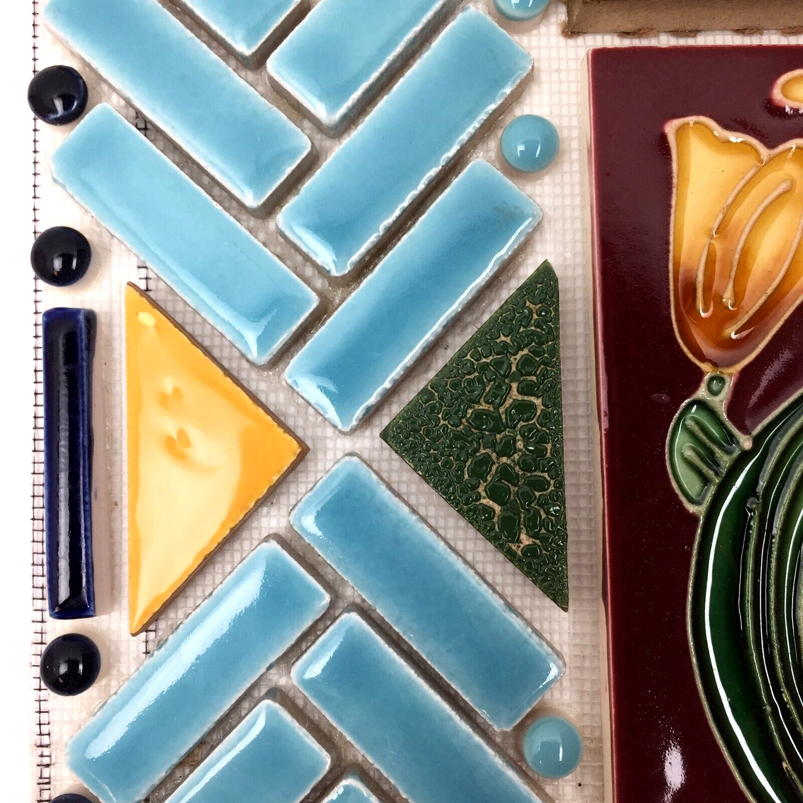 Tile Mosaic Feature Panel w/Vintage Handmade Ceramic and Glass Tile 12″ X 12.75″