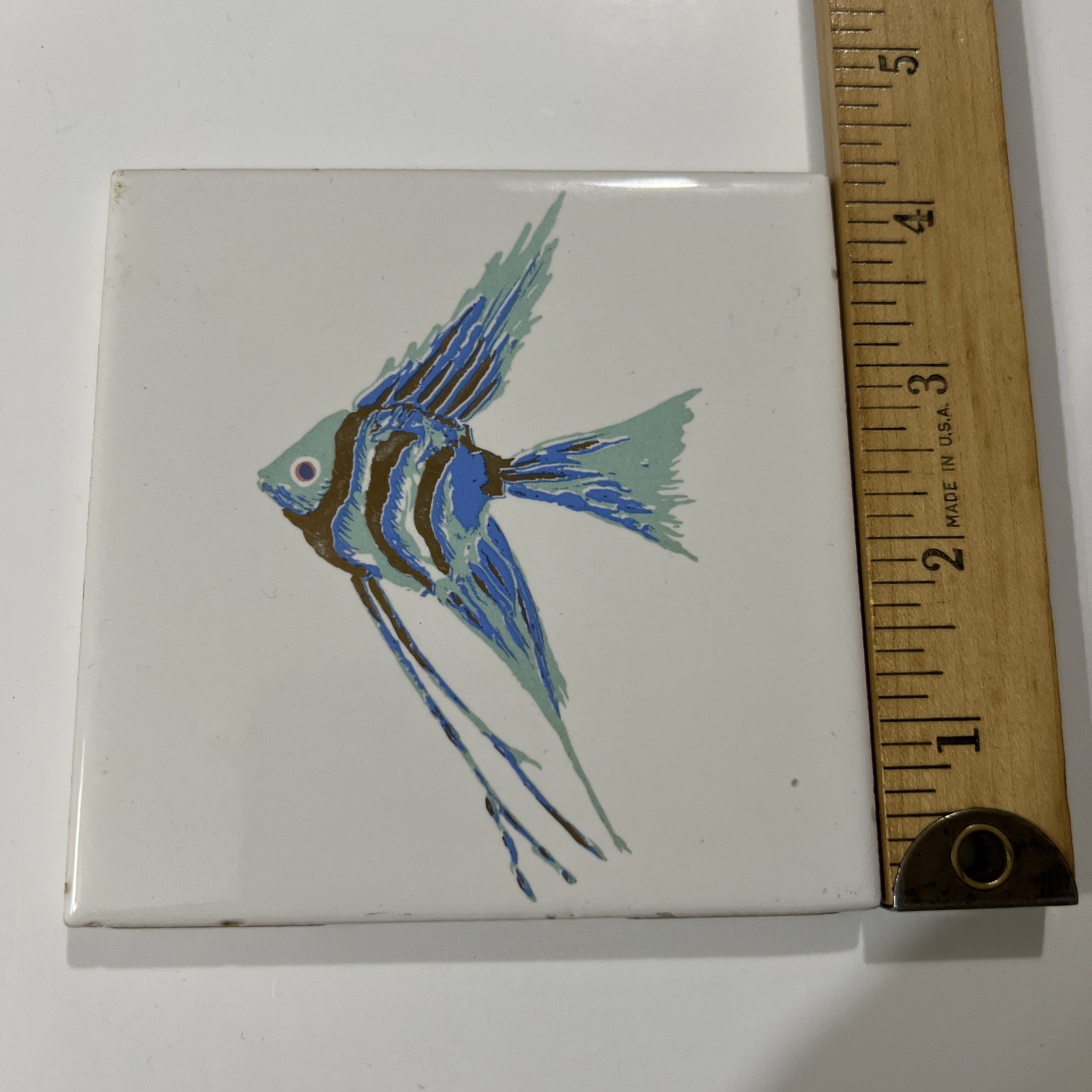 Fish Tile Decorative Angel Fish Blue & Gold With Acrylic Stand 4.25X4.25”