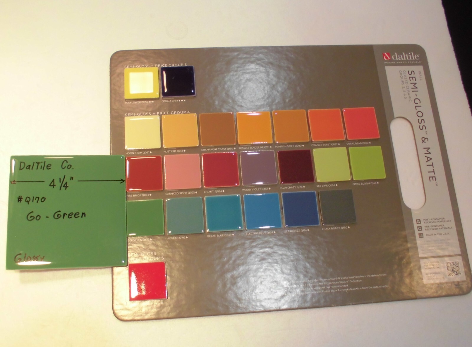 1 pc. Go Dark Green: 4-1/4″ Glossy Ceramic Tile by Daltile, Best Quality, NEW