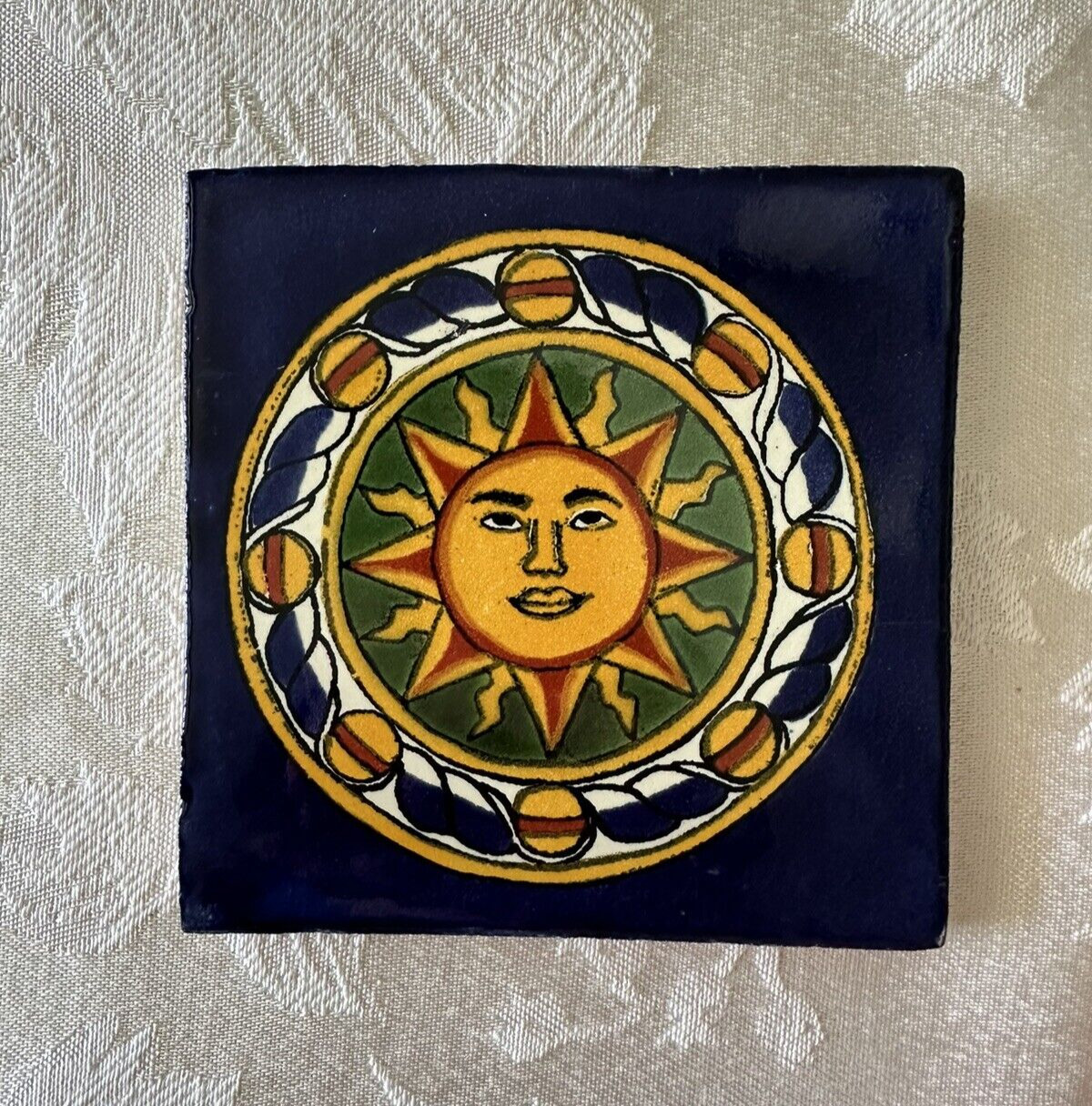 Mexican Red Clay Tile Folk Art Sun Handmade Talavera Backsplash Hand painted 4″