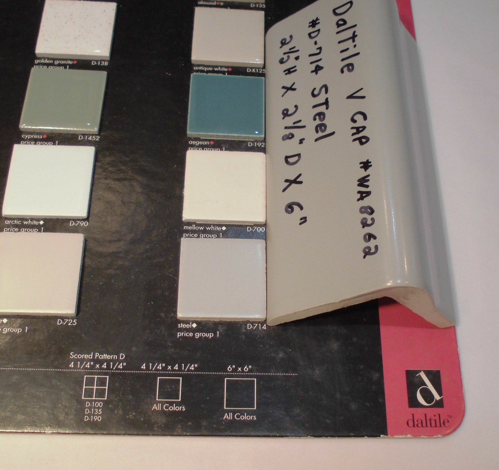 1 pc. Daltile *Matte Gray – Steel* V Cap Ceramic Trim Tile; Counter Top Edging