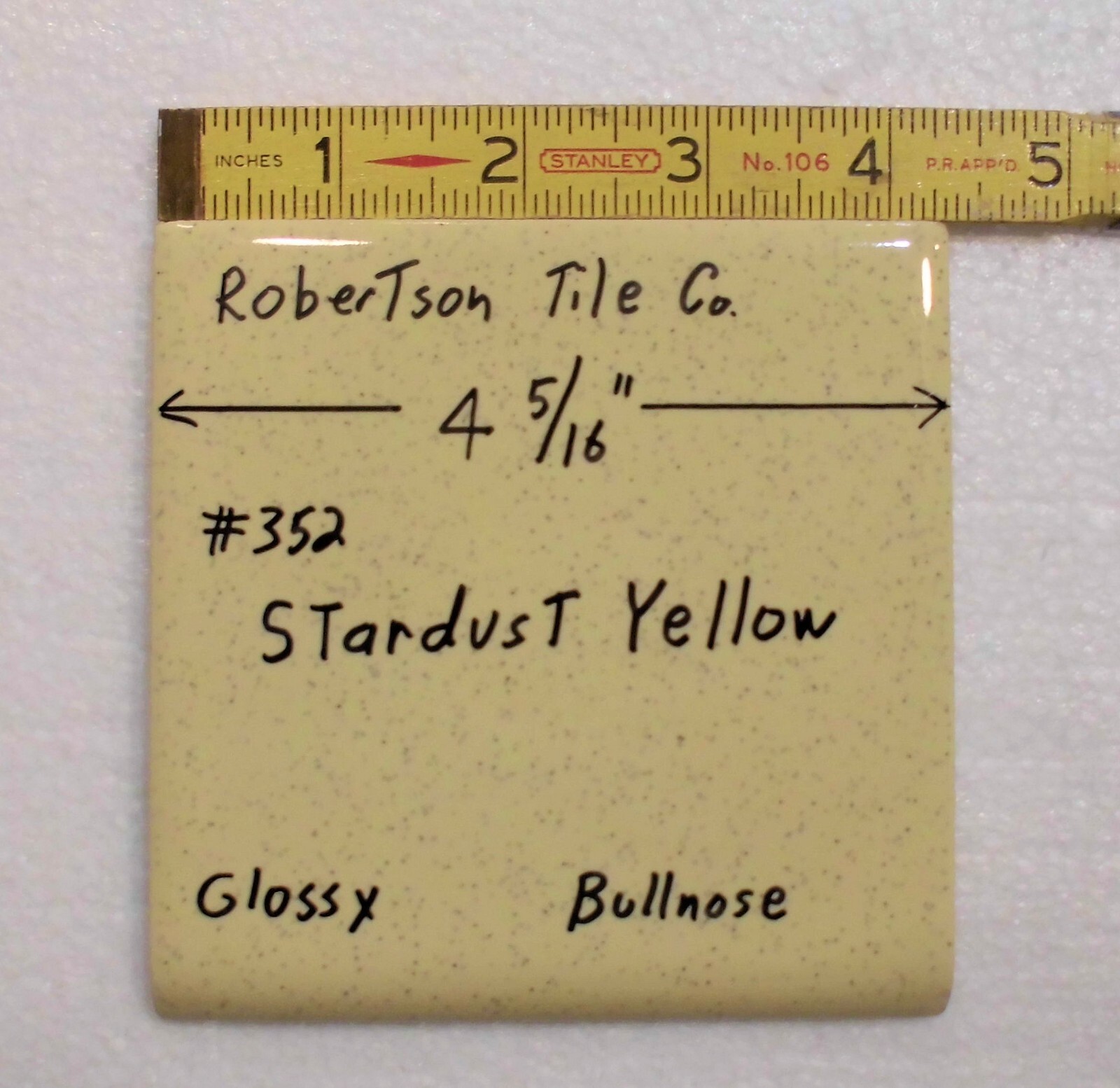 1 pc. Stardust Yellow: Vintage Glossy Ceramic Bullnose Tile 4-5/16” Robertson