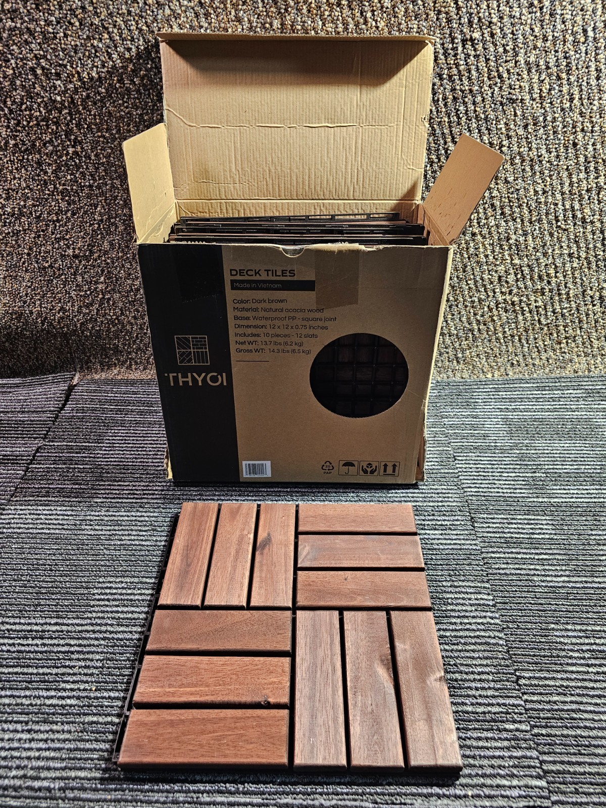 (QTY 10) THYOI Deck Tiles, Patio Flooring 12″ x 12″ Waterproof Acacia Wood Tiles