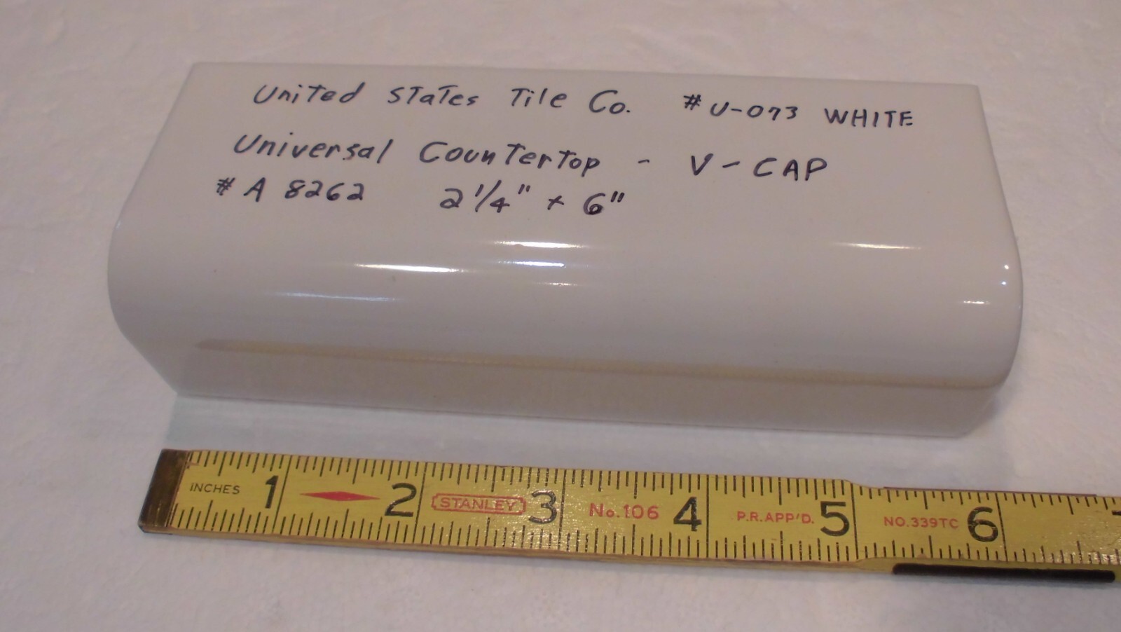 1 pc. Gloss White #U-073: V-Cap Ceramic Trim Countertop Tile: Reversable, U.S.A.